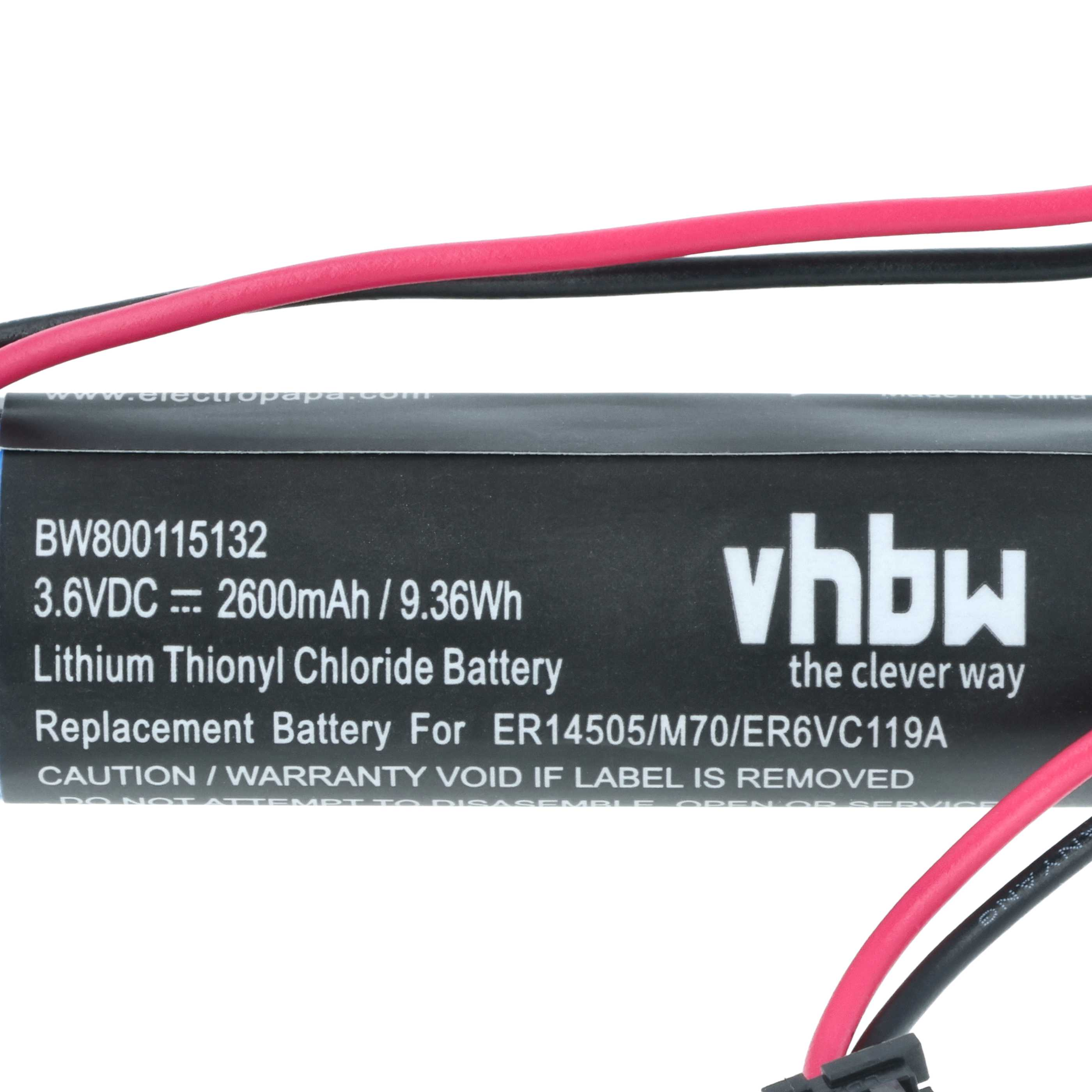 Eine Batterie mit schwarzen und rosa Drähten. Auf der Batterie steht: vhbw, Lithium Thionyl Chloride Battery und andere Details.
