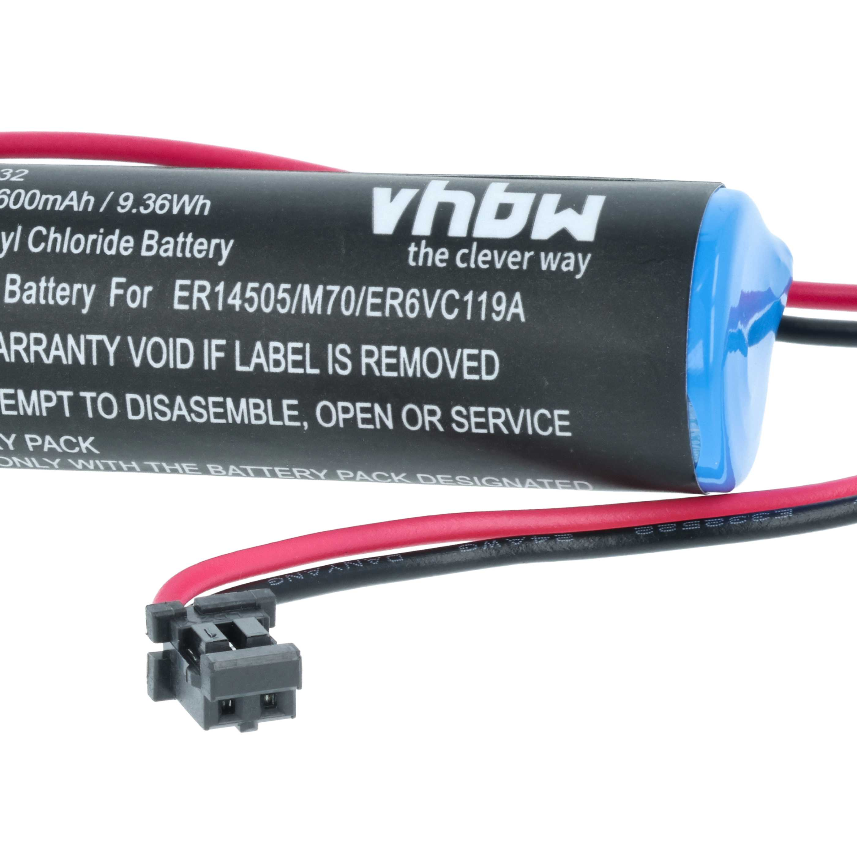 Ein Akku mit schwarzen und roten Drähten, einem Stecker und einem blauen Ende. Das Etikett hat Text.