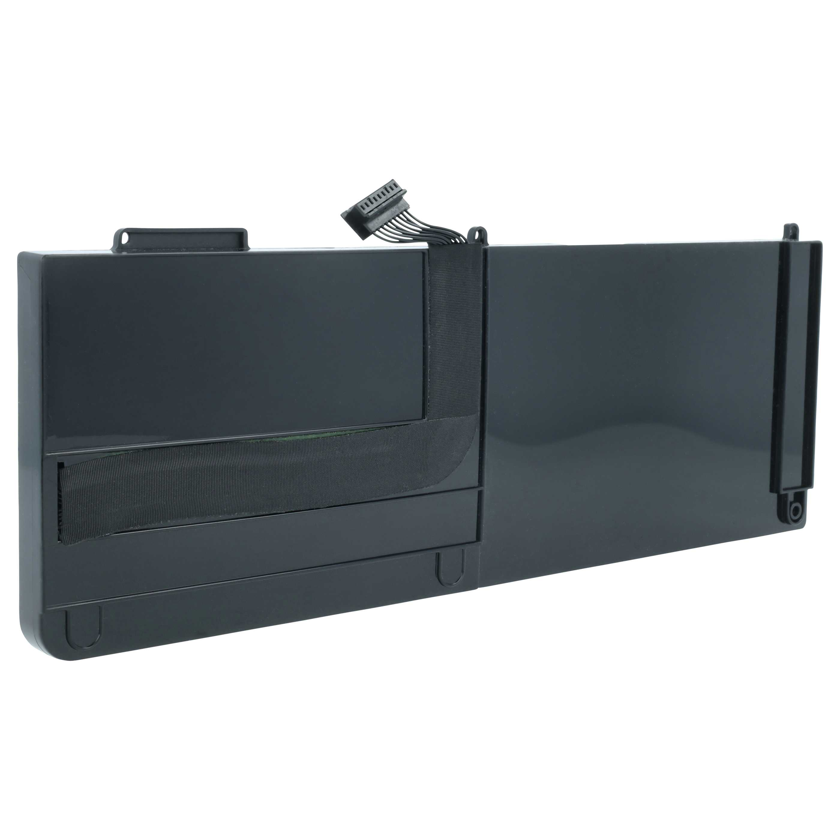 Ein dunkelgrauer rechteckiger Laptop-Akku mit schwarzem Band und Stecker. Weißer Hintergrund.
