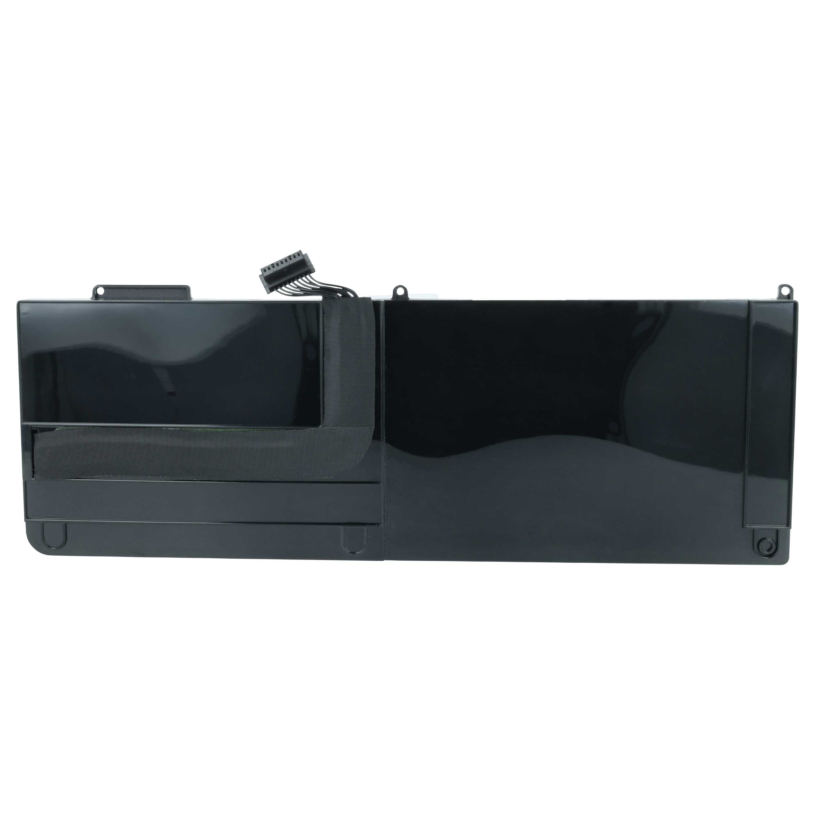 Schwarzer Laptop-Akku mit Stecker und schwarzem Stoffband. Es hat eine glänzende Oberfläche.