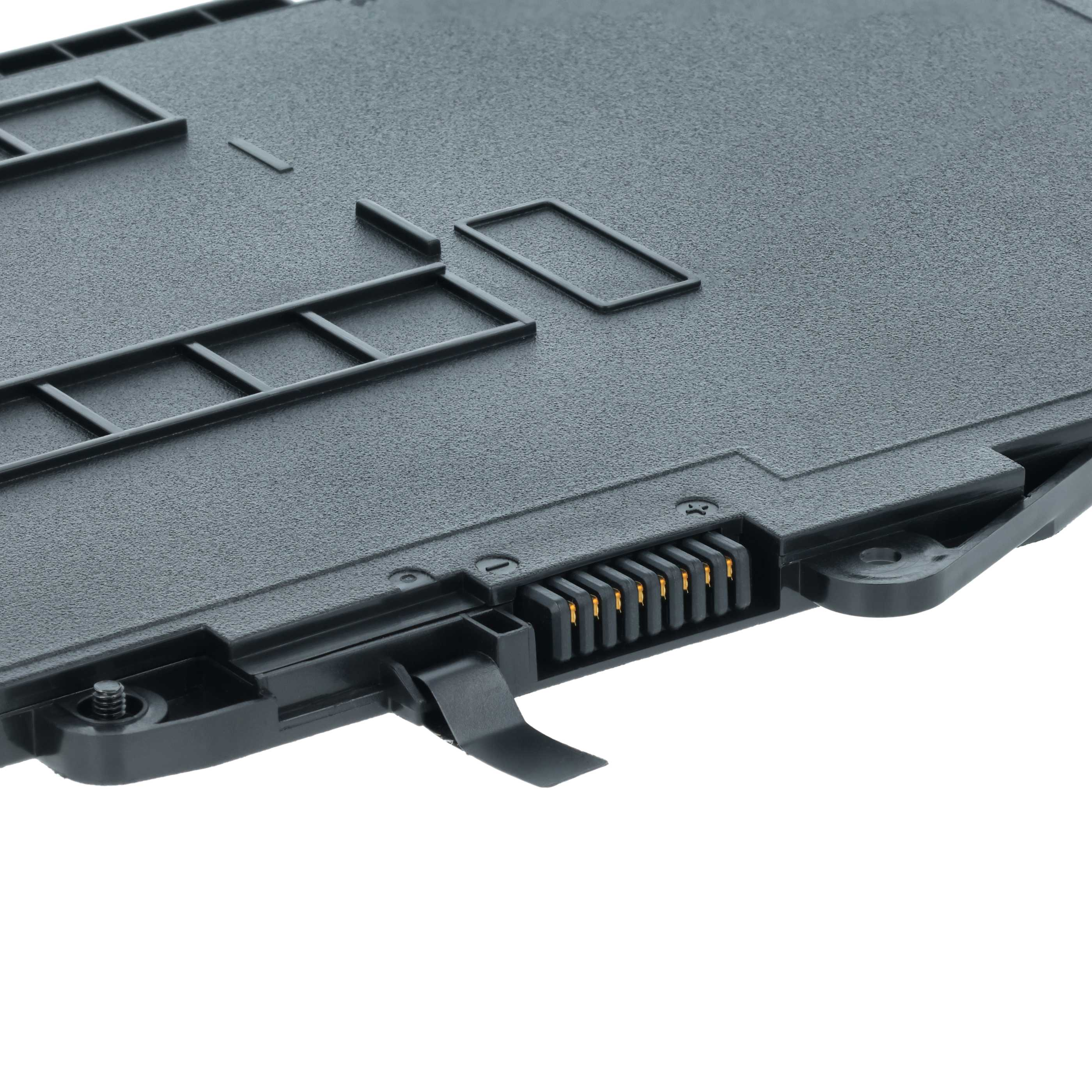 Nahaufnahme eines schwarzen Laptop-Akkus mit Anschluss und strukturierter Oberfläche. Weißer Hintergrund.