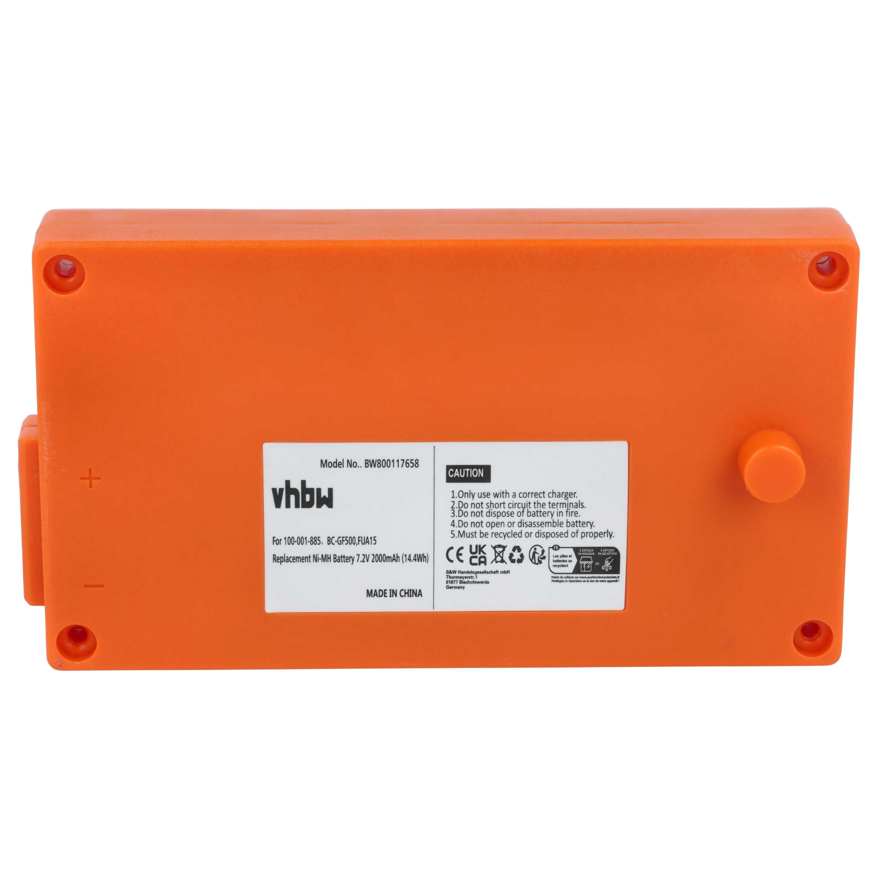 Ein orangefarbenes Akku-Pack mit Warnhinweisen und Text, einschließlich Modellnummer und technischer Daten. Plus- und Minuszeichen sind sichtbar.