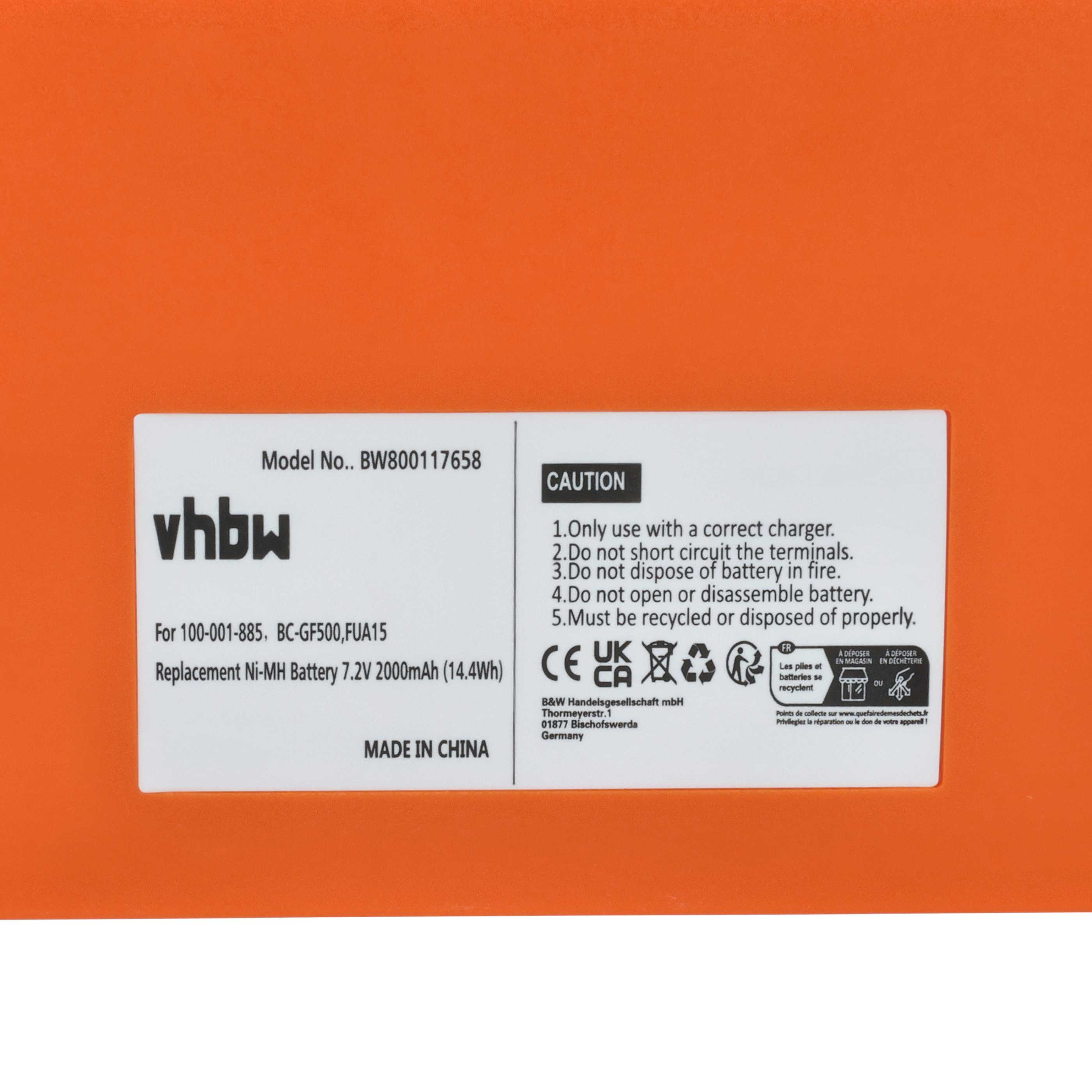 Weißes Etikett mit Batterieangaben auf orangefarbenem Hintergrund. Enthält Text und Symbole, einschließlich Recyclinghinweisen.