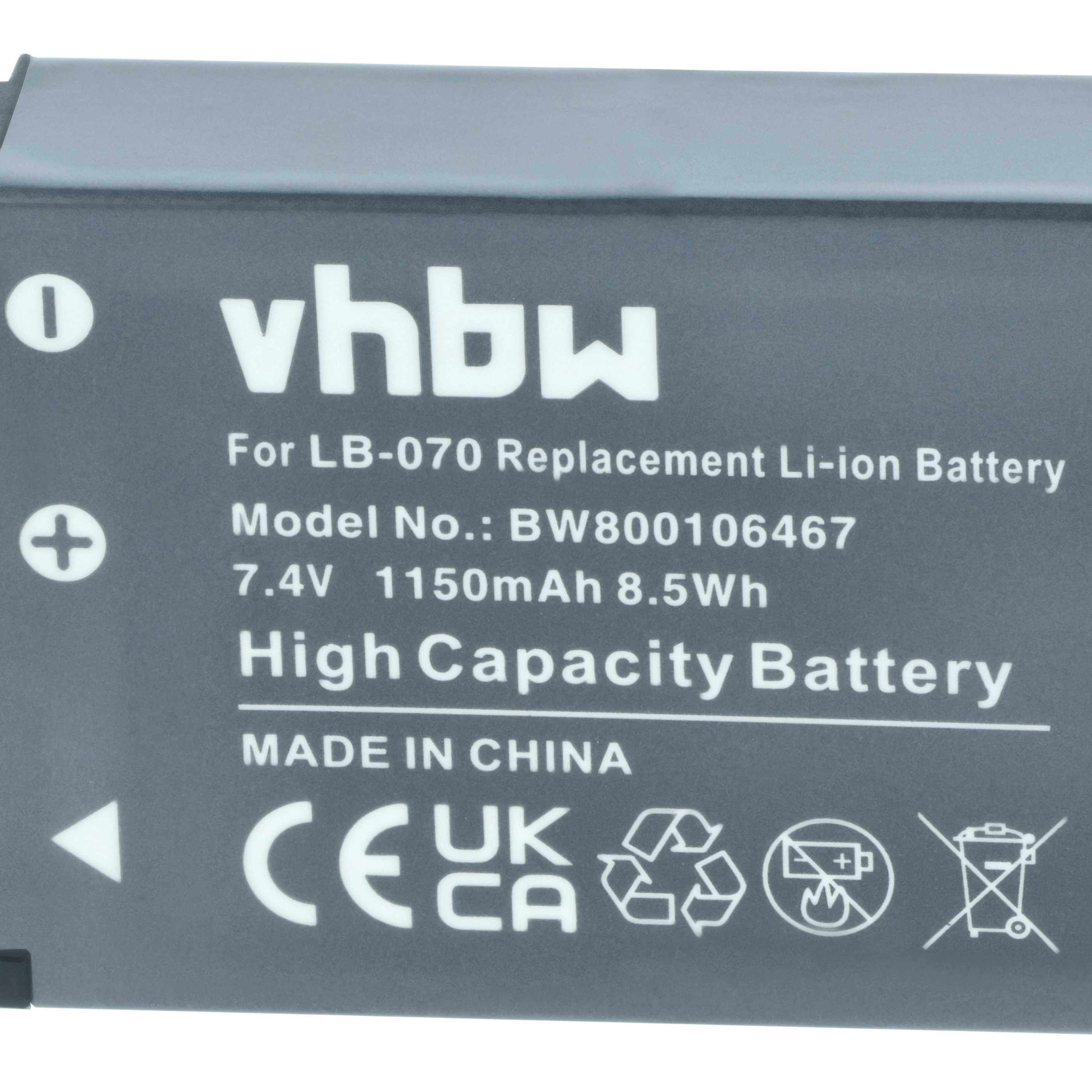 Grauer Akku mit weißem Text. Er trägt die Aufschrift 'vhbw' und listet Spezifikationen wie 7,4 V, 1150 mAh und 'High Capacity Battery'.