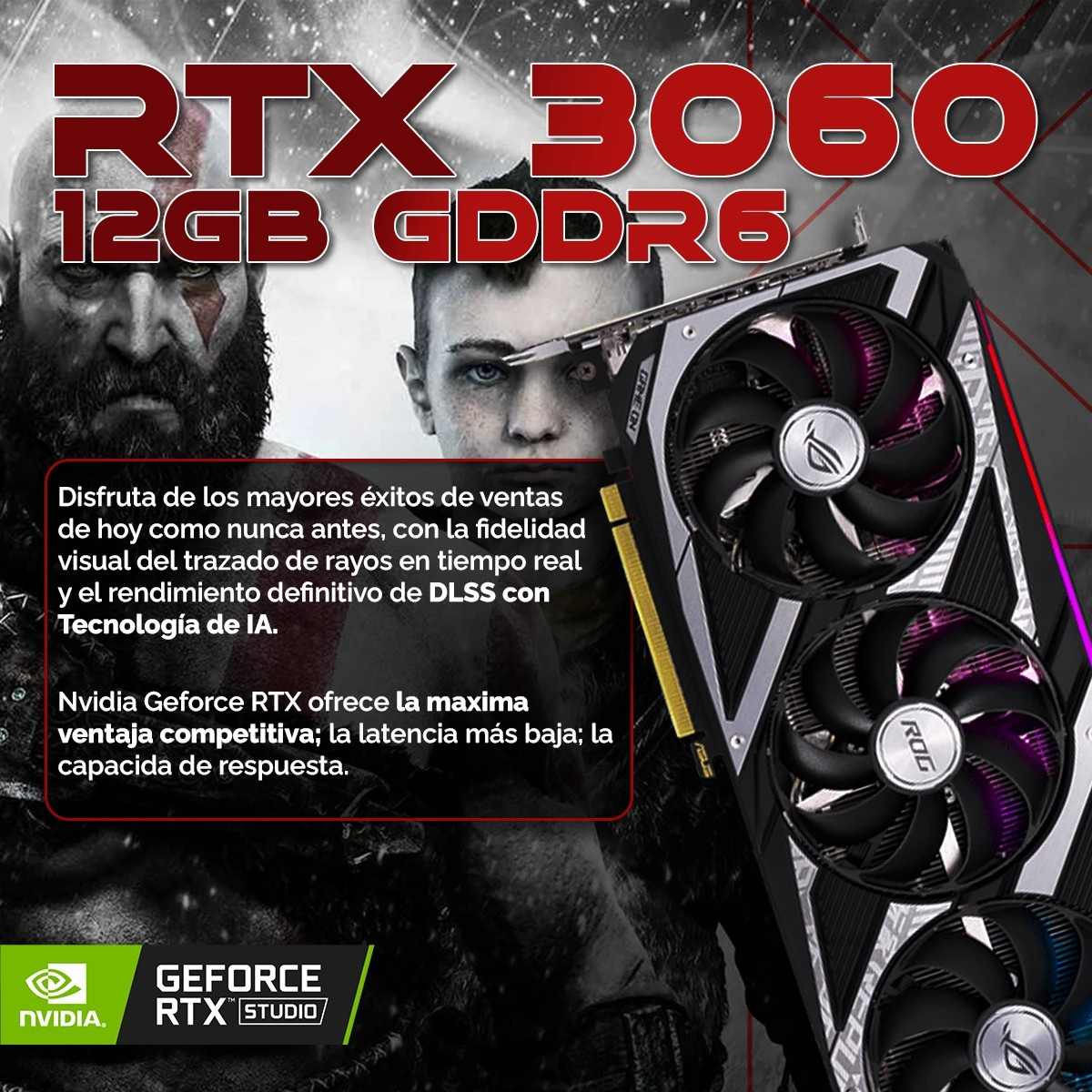 Una pubblicità per la scheda grafica RTX 3060 con due personaggi di un videogioco e la scheda grafica stessa.