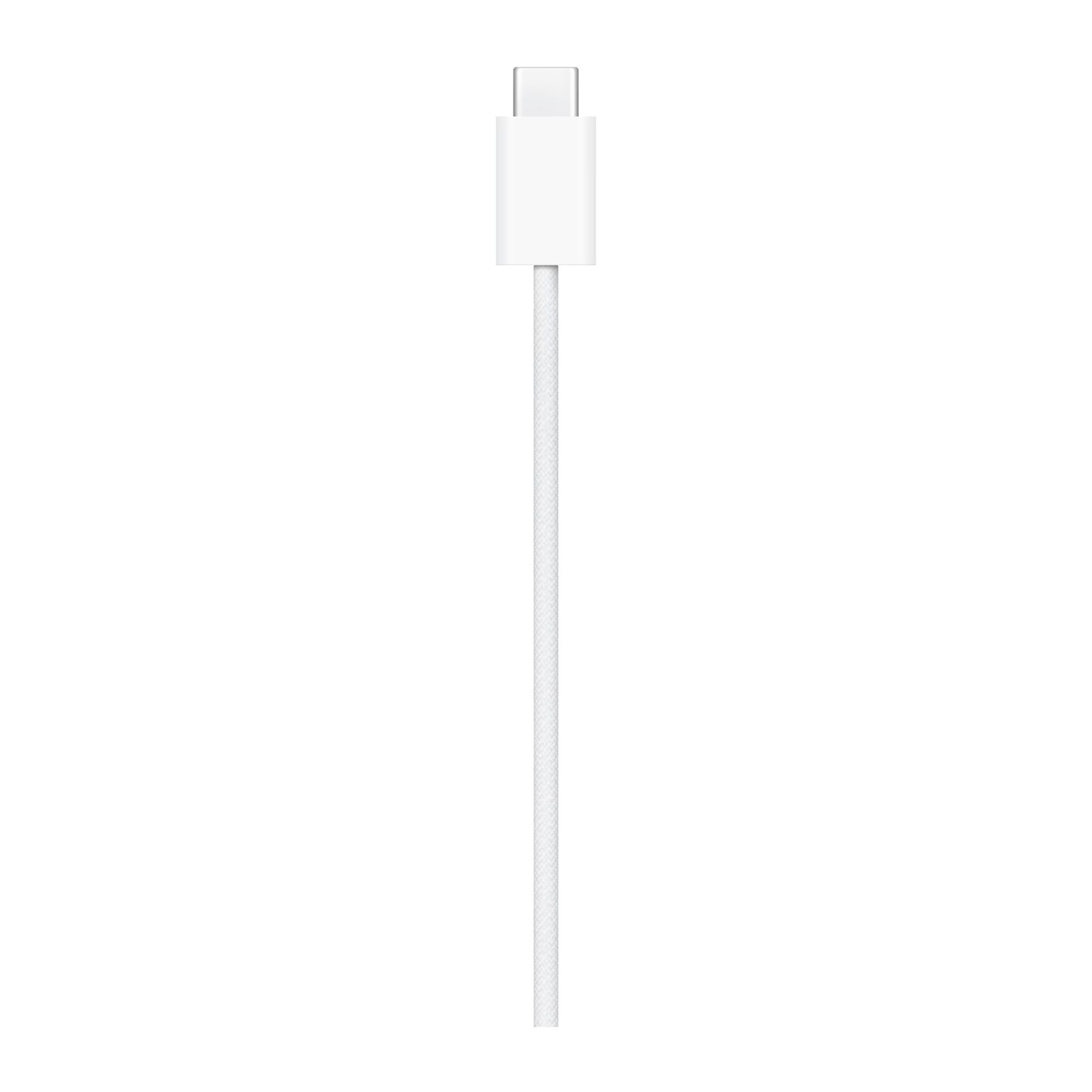 Un câble de charge USB-C blanc, avec un connecteur blanc en haut et un câble tressé vers le bas, sur fond blanc.