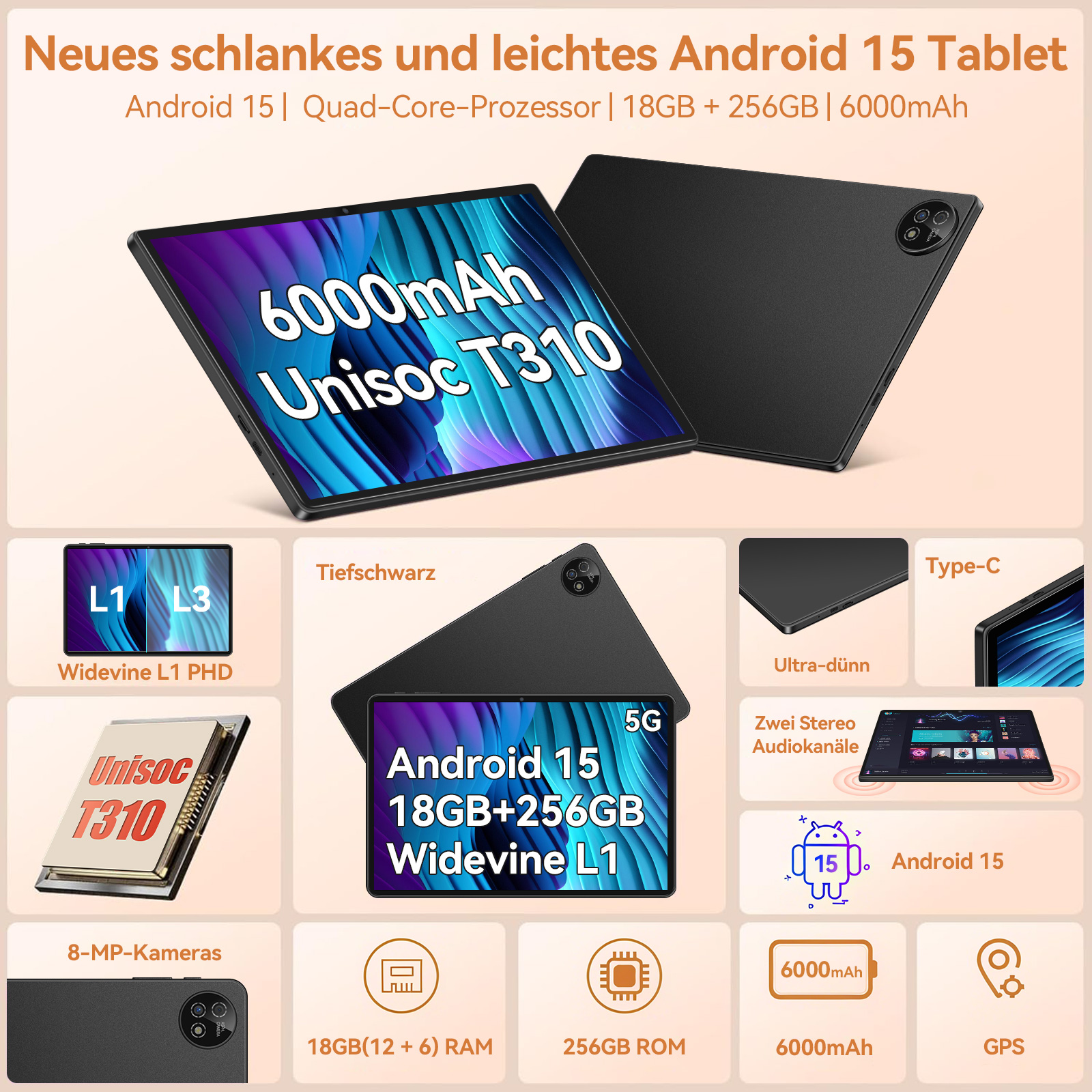 Schwarzes Android 15 Tablet mit Spezifikationen. Merkmale sind 6000mAh Akku, Unisoc T310 und 18GB+256GB Speicher.