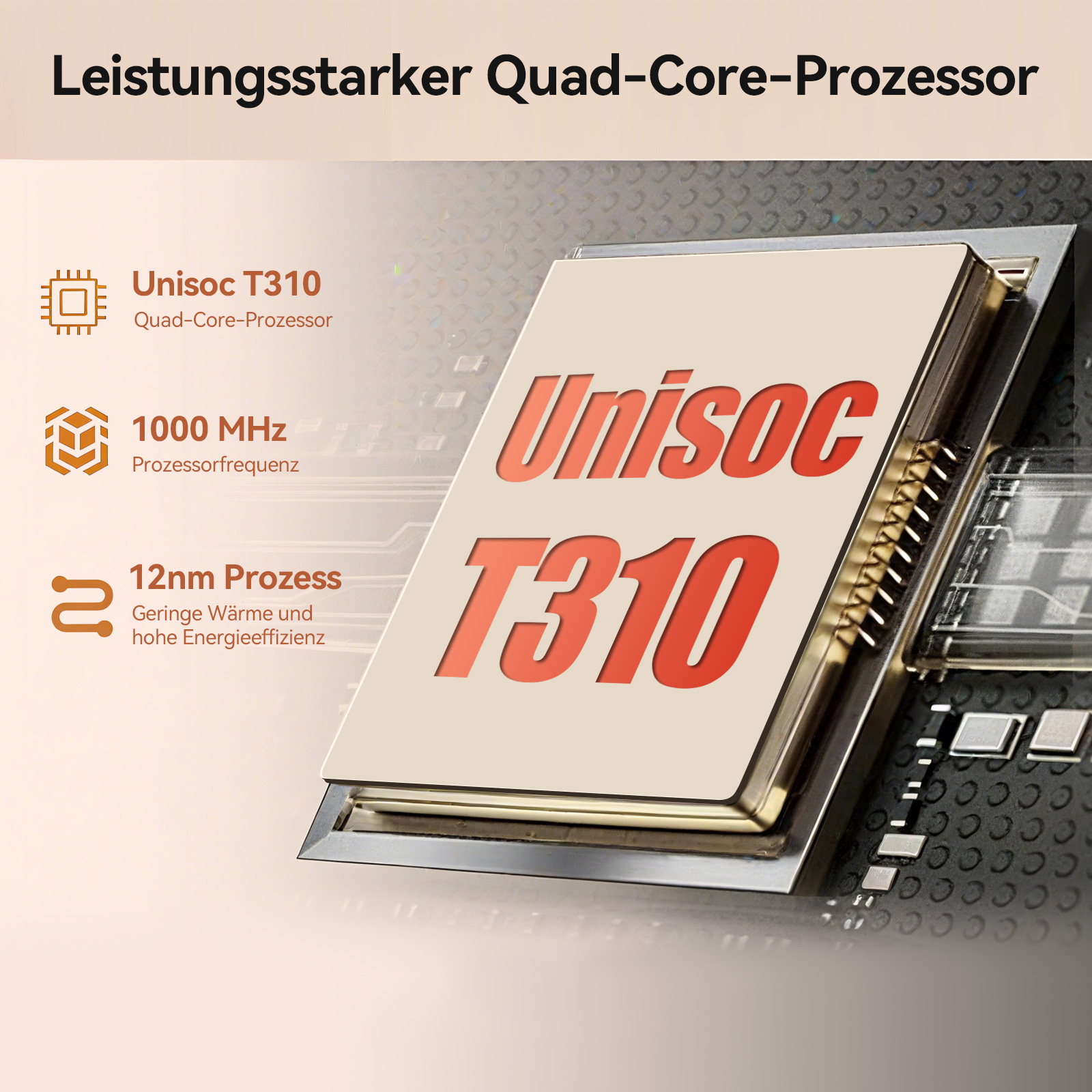 Das Bild zeigt einen Prozessor mit dem Text 'Unisoc T310'. Weitere Texte sind 'Quad-Core-Prozessor' und '1000 MHz'.