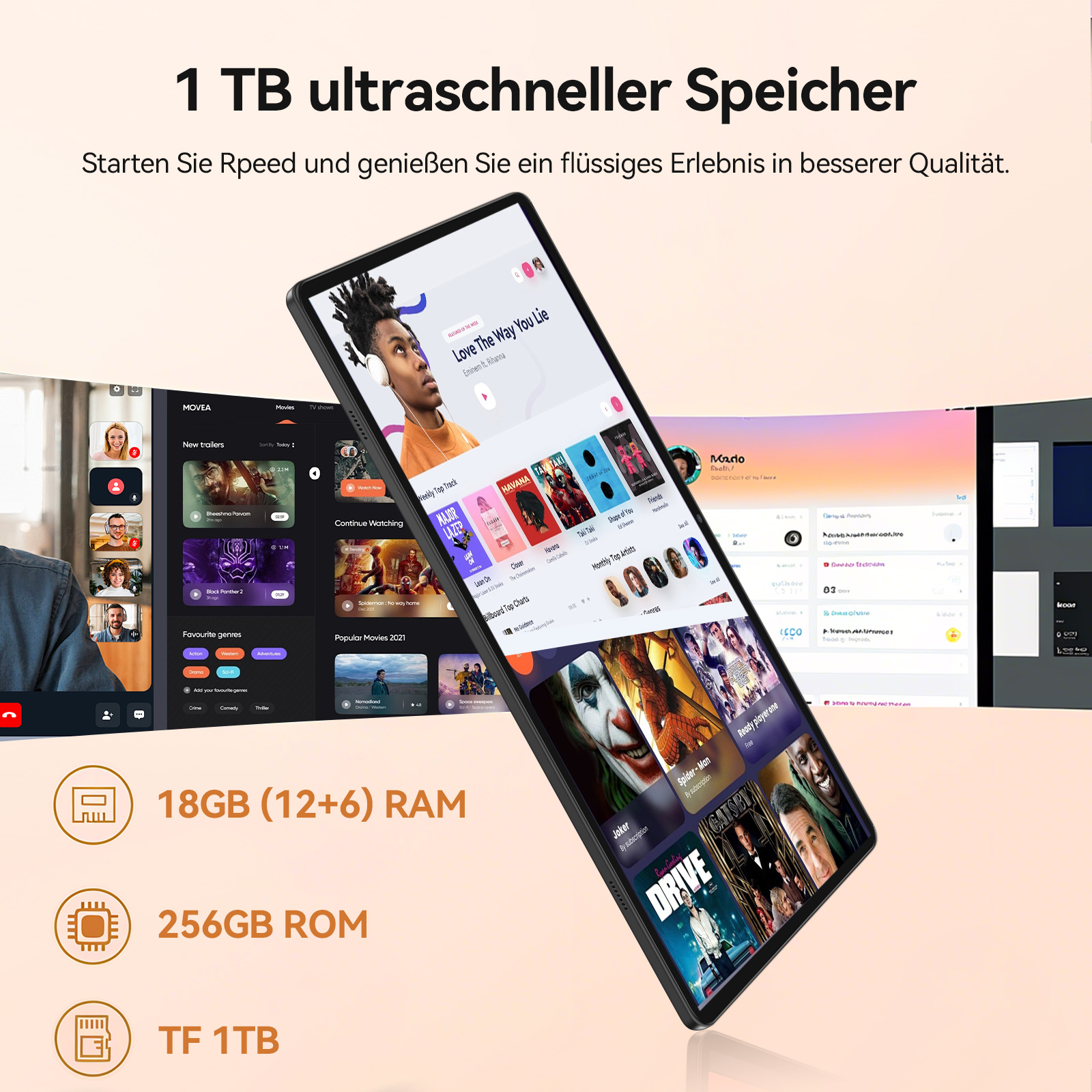 Tablet mit Filmapp-Oberfläche. Enthält Filmplakate, Videoanruffenster und Spezifikationen: 18 GB RAM, 256 GB ROM und 1 TB TF.