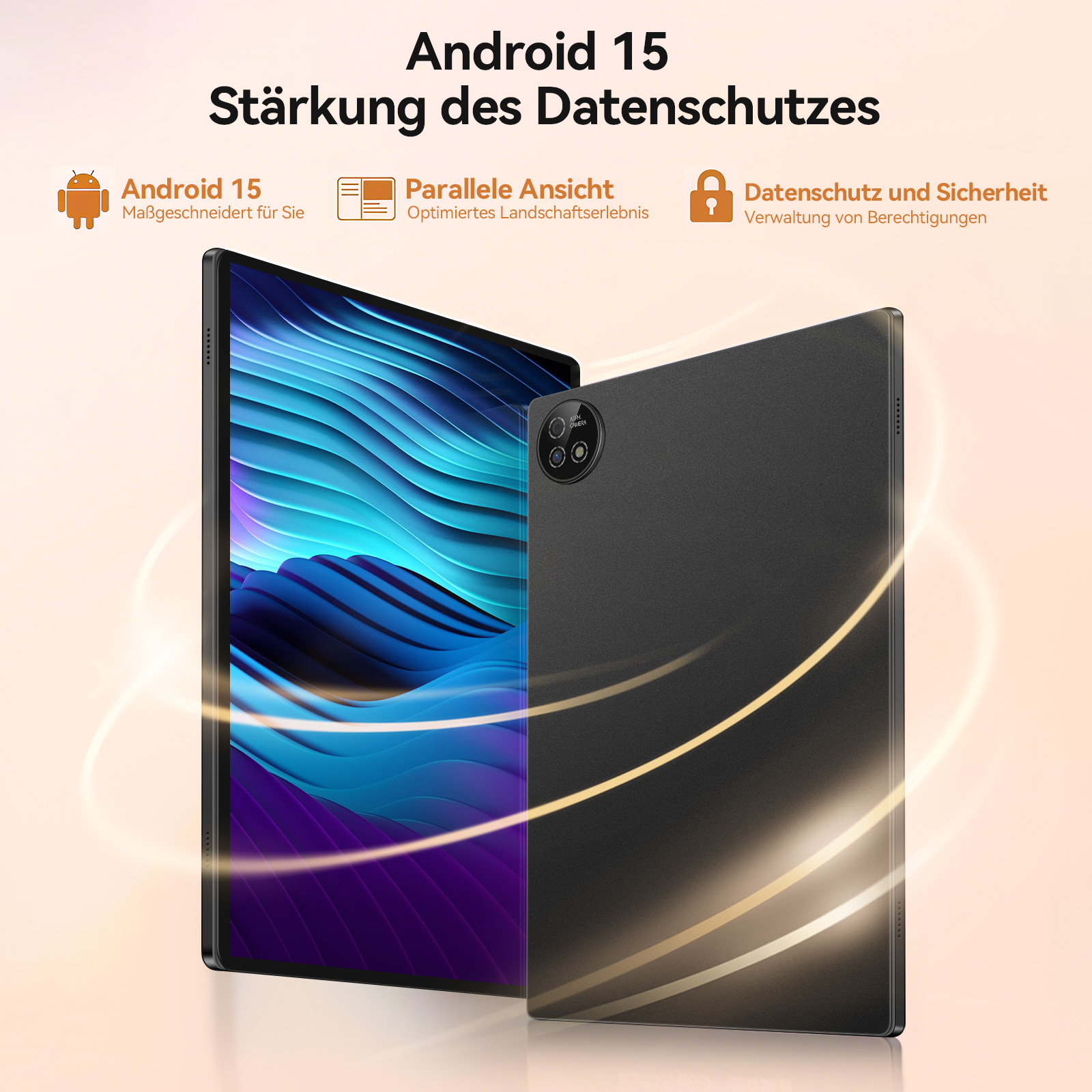 Zwei Tablets, eines mit farbenfrohem Wellendesign, das andere schwarz. Android 15-Funktionen werden angezeigt.