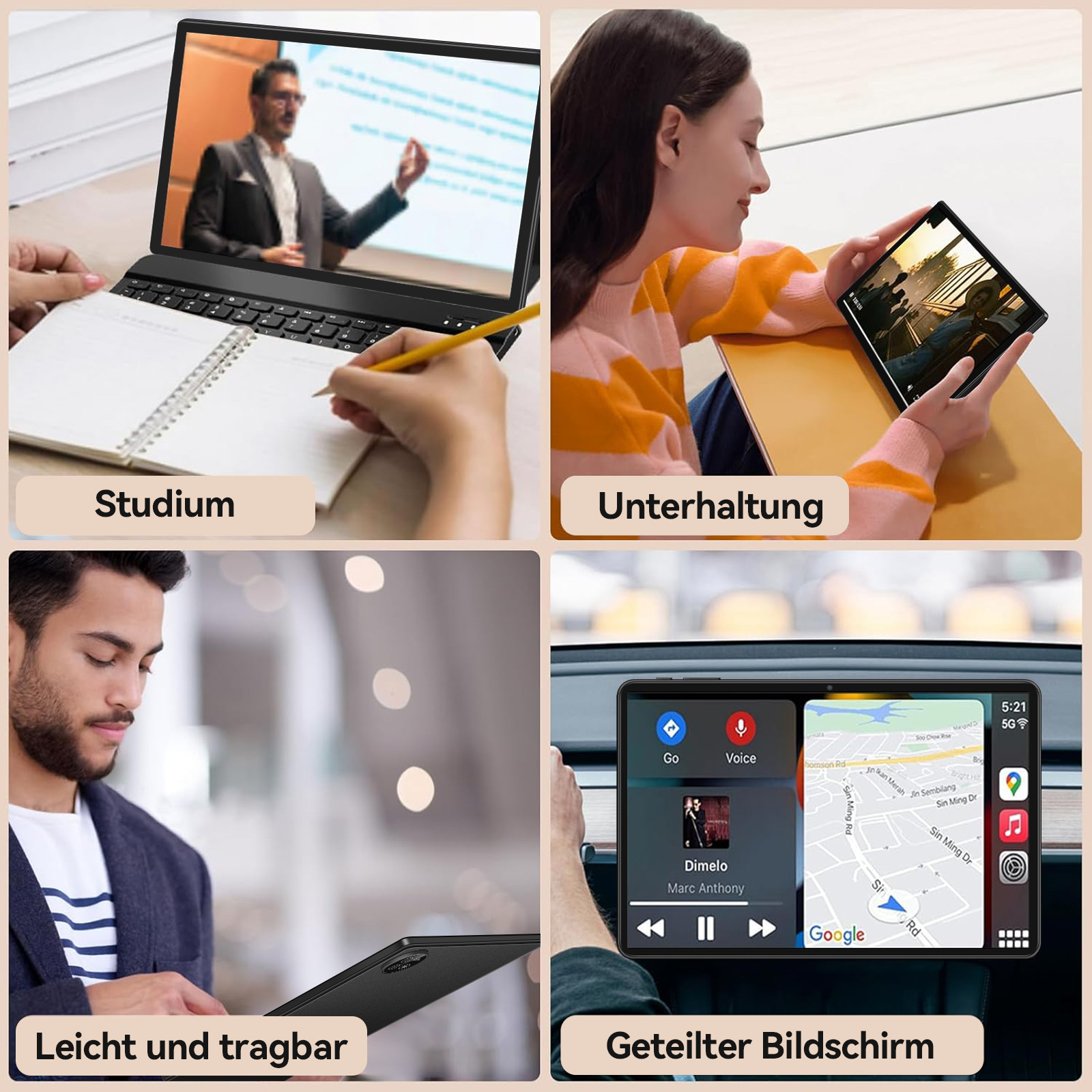 Vier Bilder zeigen Laptop, Tablet, Person und Auto-Bildschirm. Die Bilder zeigen Studium, Unterhaltung, Portabilität und geteilten Bildschirm.