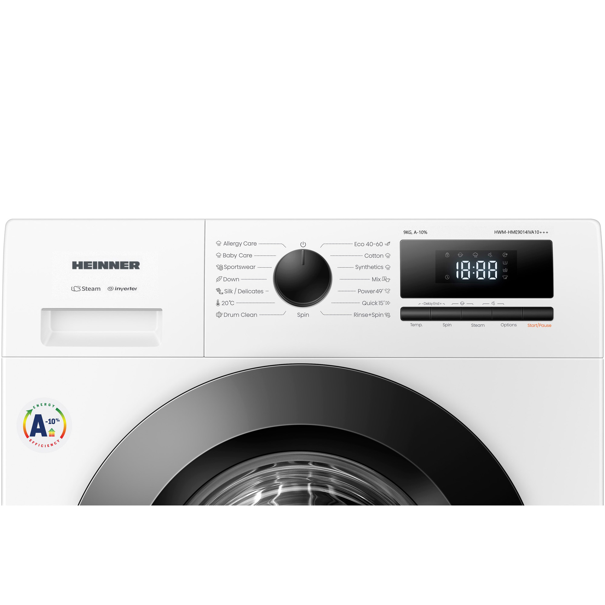 A white washing machine with a black door and control panel. The control panel displays settings and a timer.