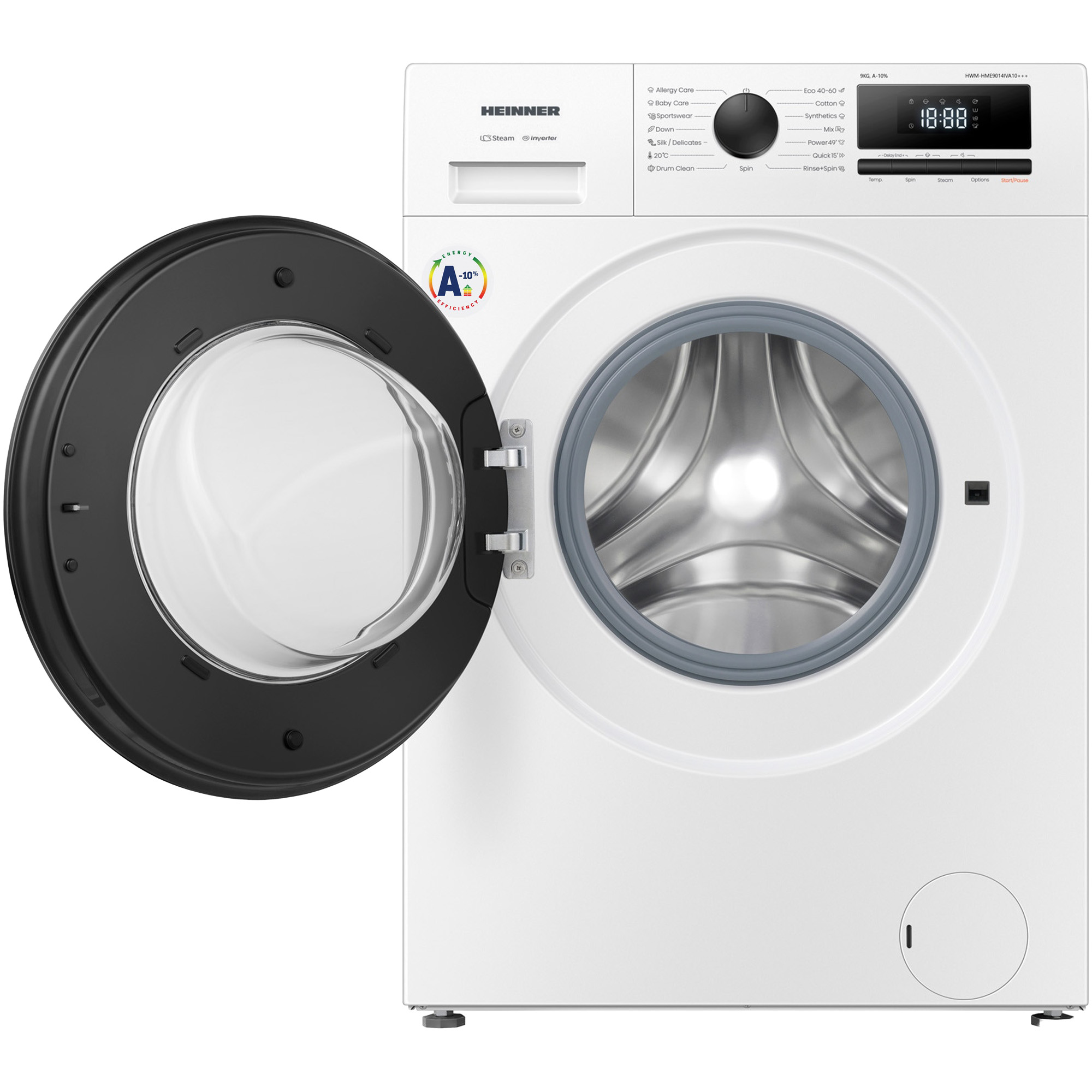 A white washing machine with a black open door. A control panel with settings and a digital display is on the top right.