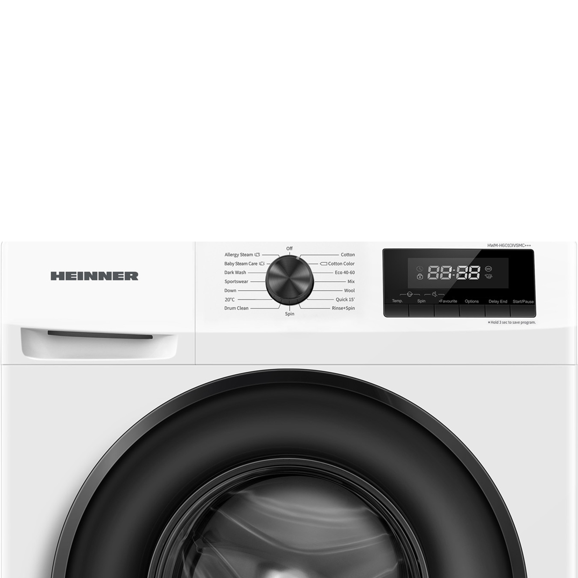 White washing machine with a black door. Controls include a knob and digital display showing time.