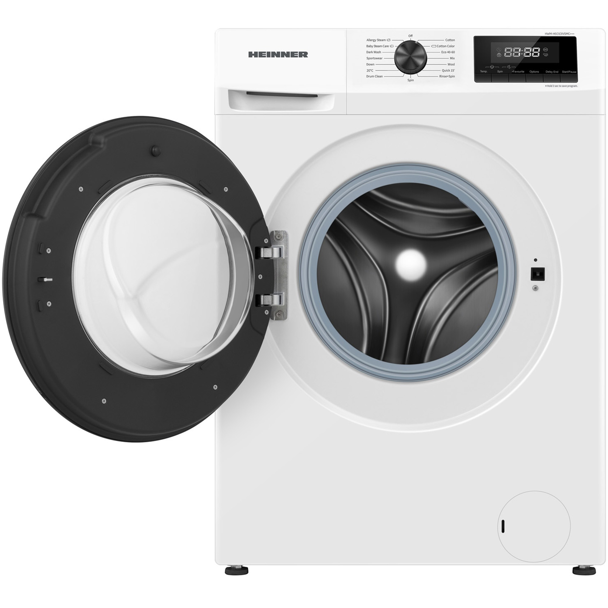 A white washing machine with the door open, showing the drum. Control panel and brand name HEINNER are visible.