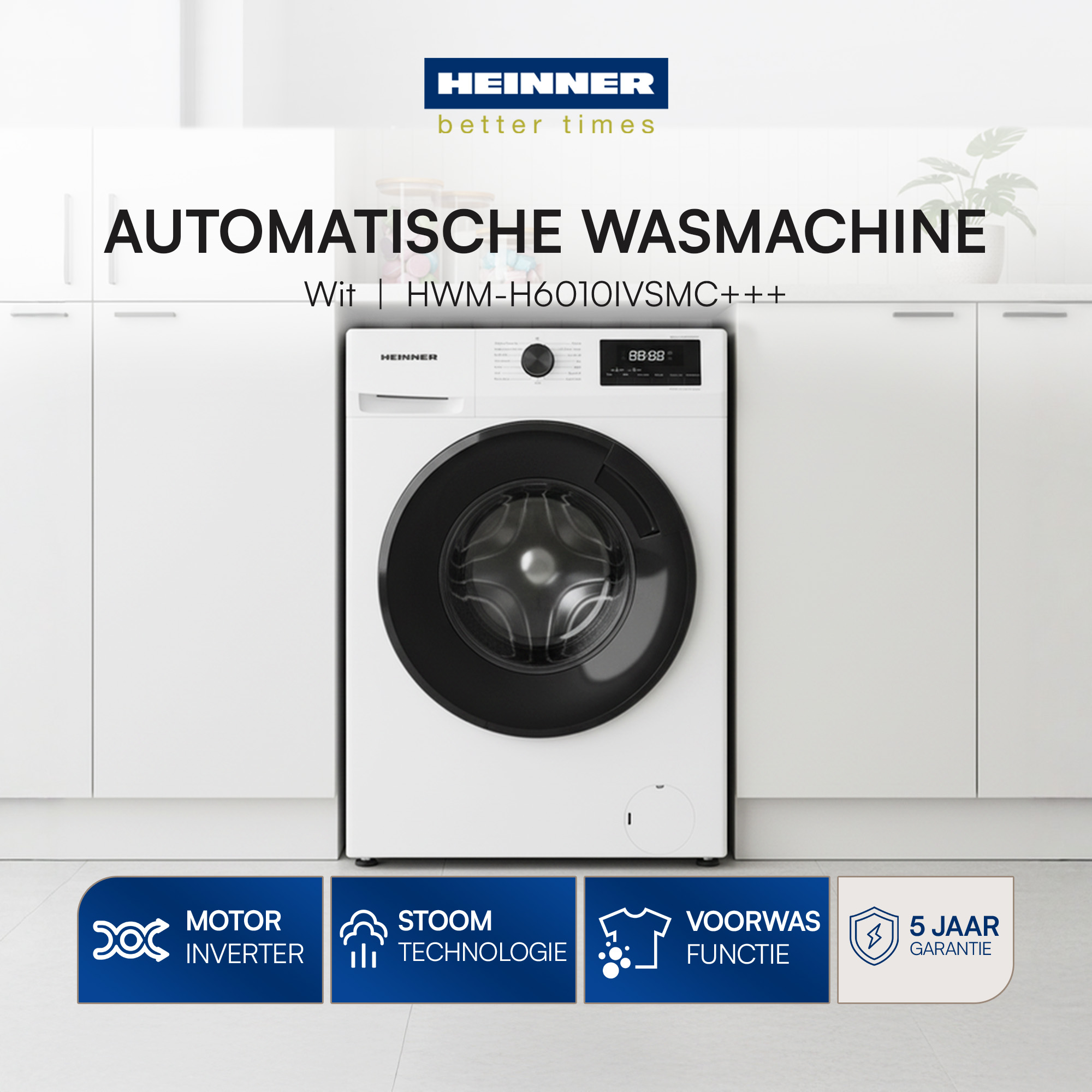 White washing machine with a black door. Text on top says AUTOMATISCHE WASMACHINE. Various icons and text at the bottom.