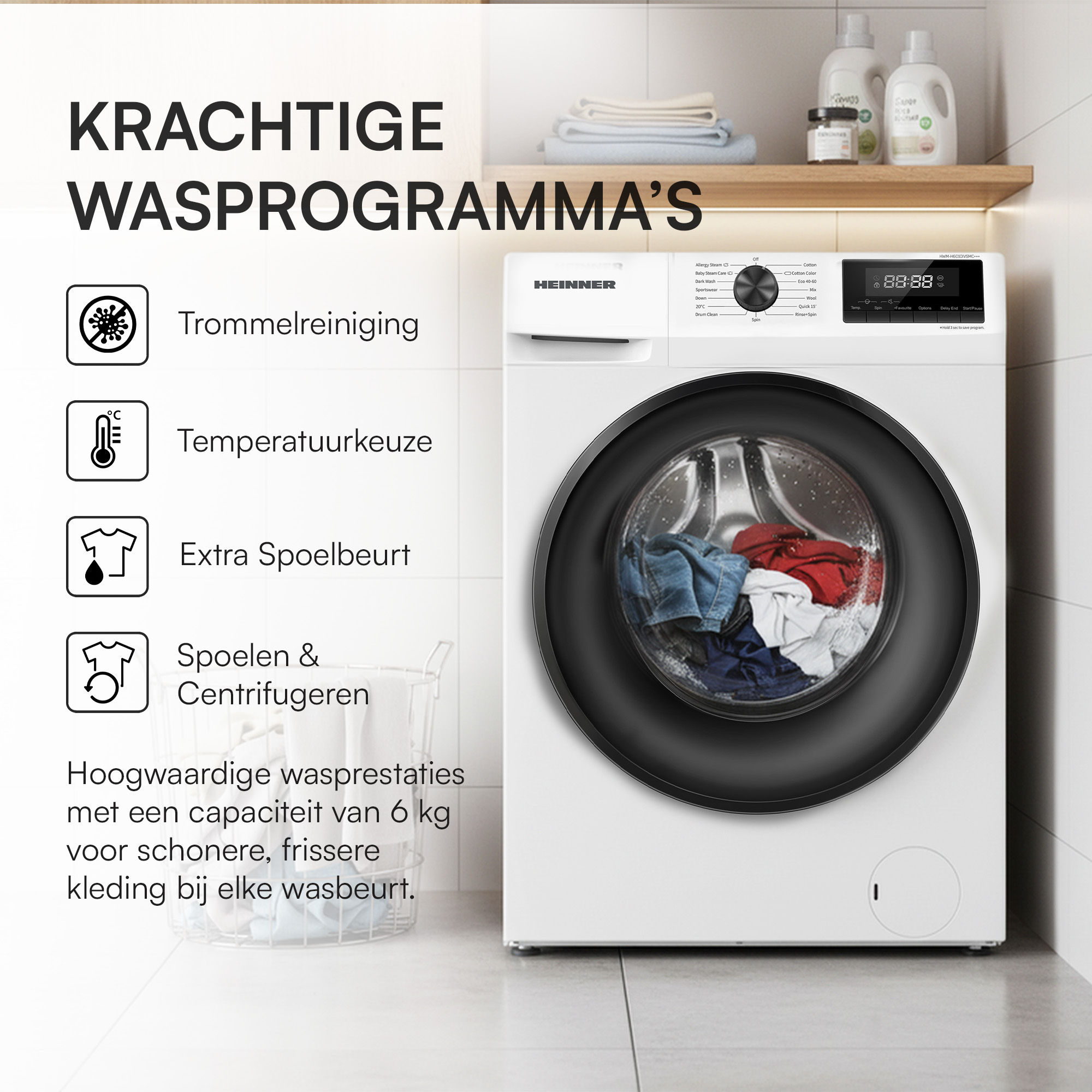 A white washing machine with a black door, laundry inside. Text on the machine describes wash programs.