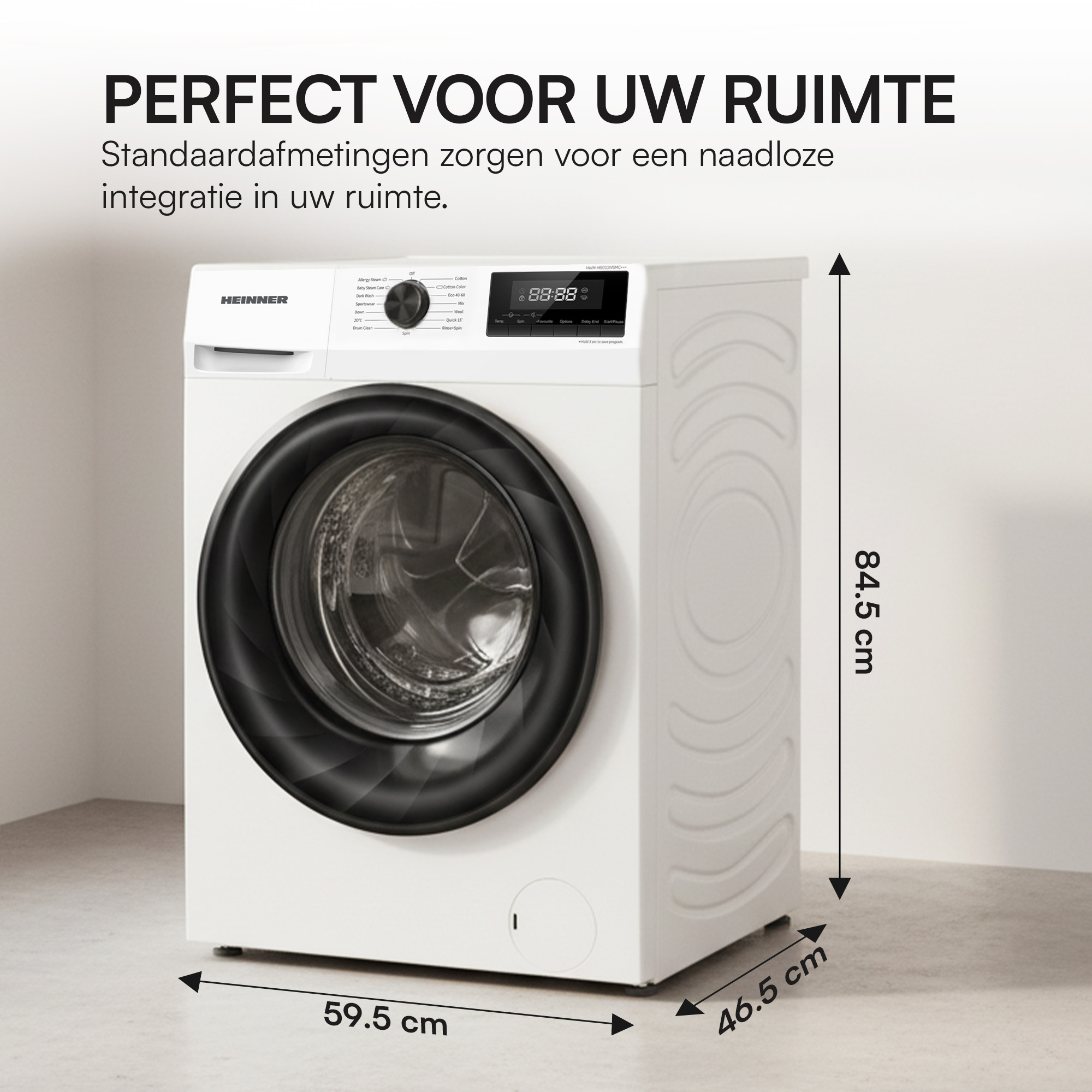 White washing machine with a black door. Dimensions are shown. Text in Dutch. Digital display with the time.