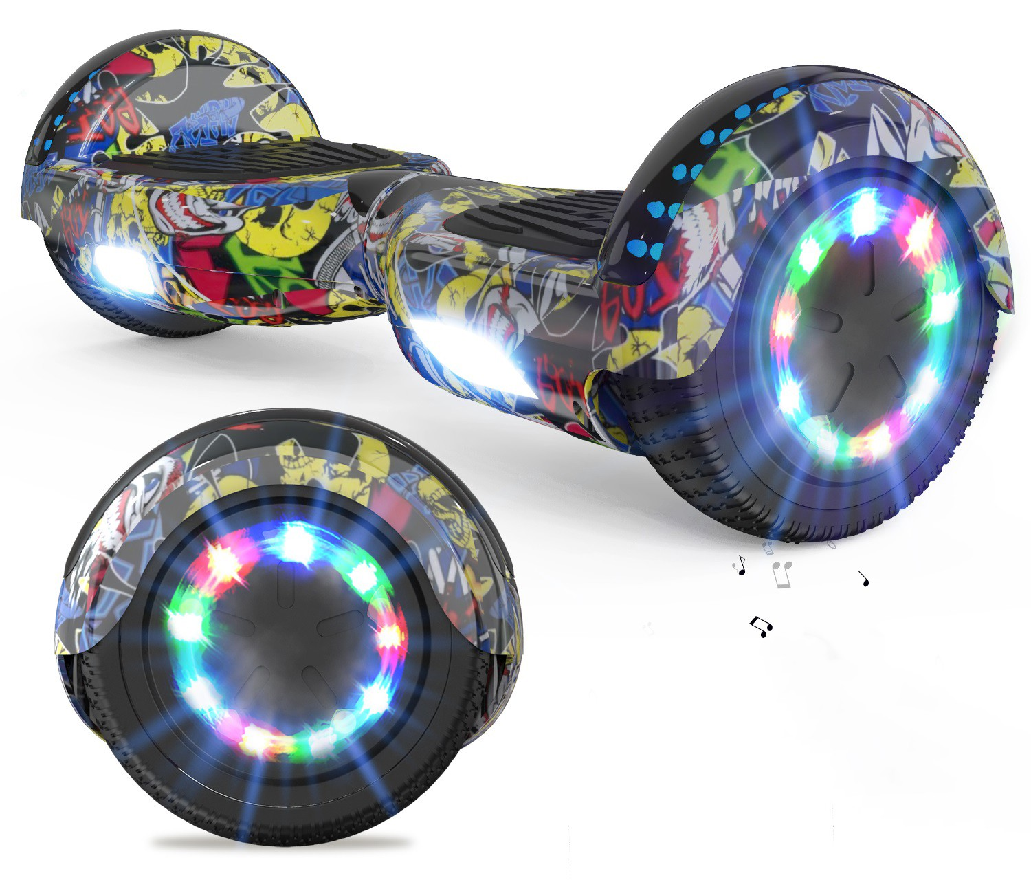 Ein Hoverboard mit Graffiti-Kunst, leuchtenden, mehrfarbigen Lichtern an den Rädern. Zusätzliches Bild zeigt ein Hoverboard-Rad und Noten.
