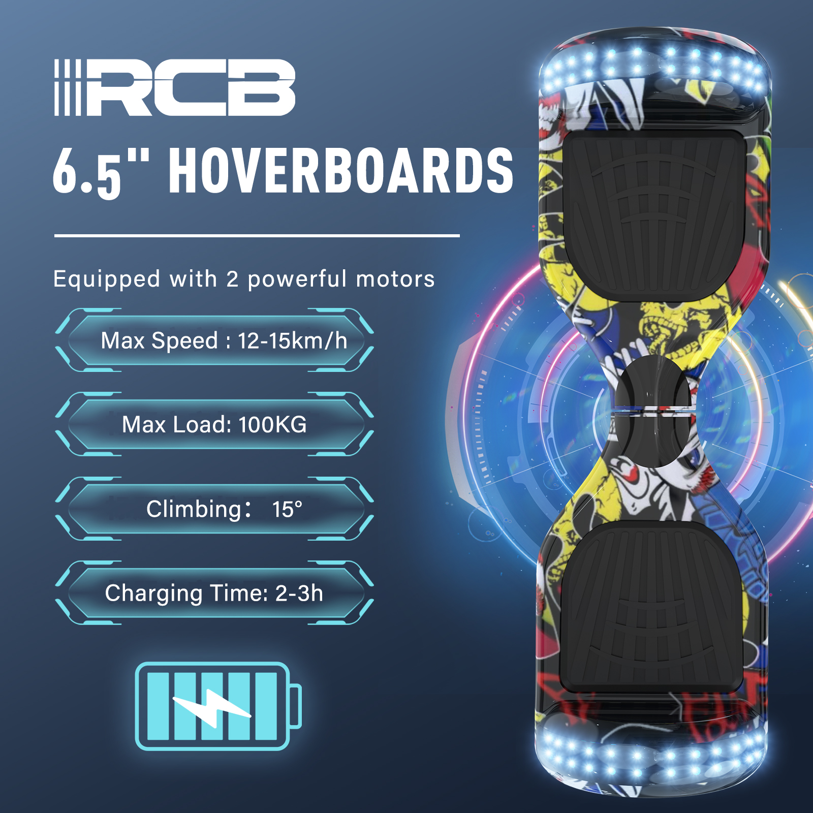 Un hoverboard con arte graffiti. Dettagli: velocità max 12-15km/h, carico max 100KG, salita 15°, tempo di ricarica 2-3h.