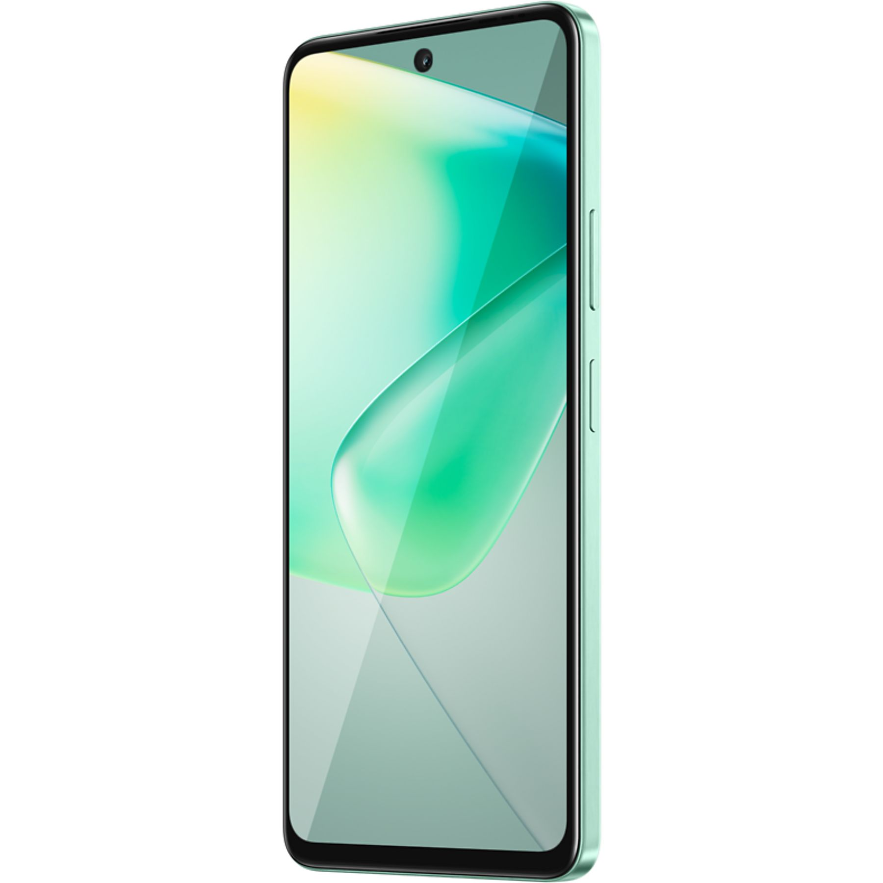 Miętowy zielony smartfon z zakrzywionym ekranem. Wyświetla abstrakcyjny zielono-żółty wzór.