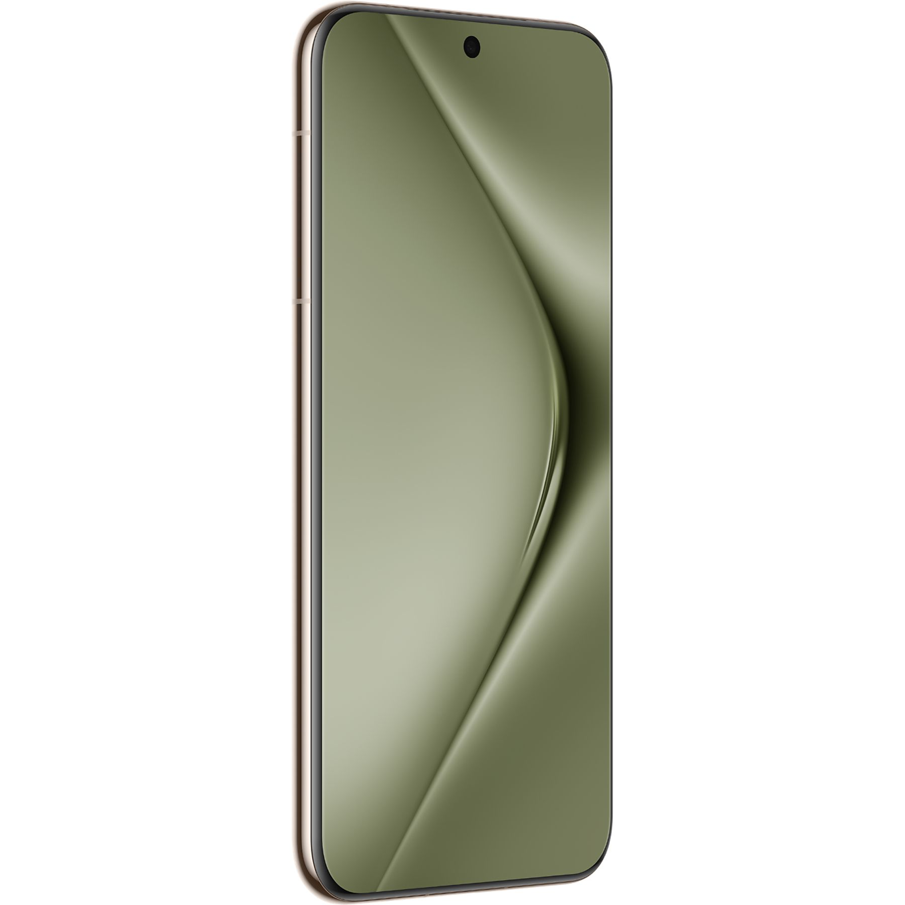 Smartfon z zielonym ekranem pokazany pod kątem. Telefon ma złotą ramkę i mały otwór na aparat.