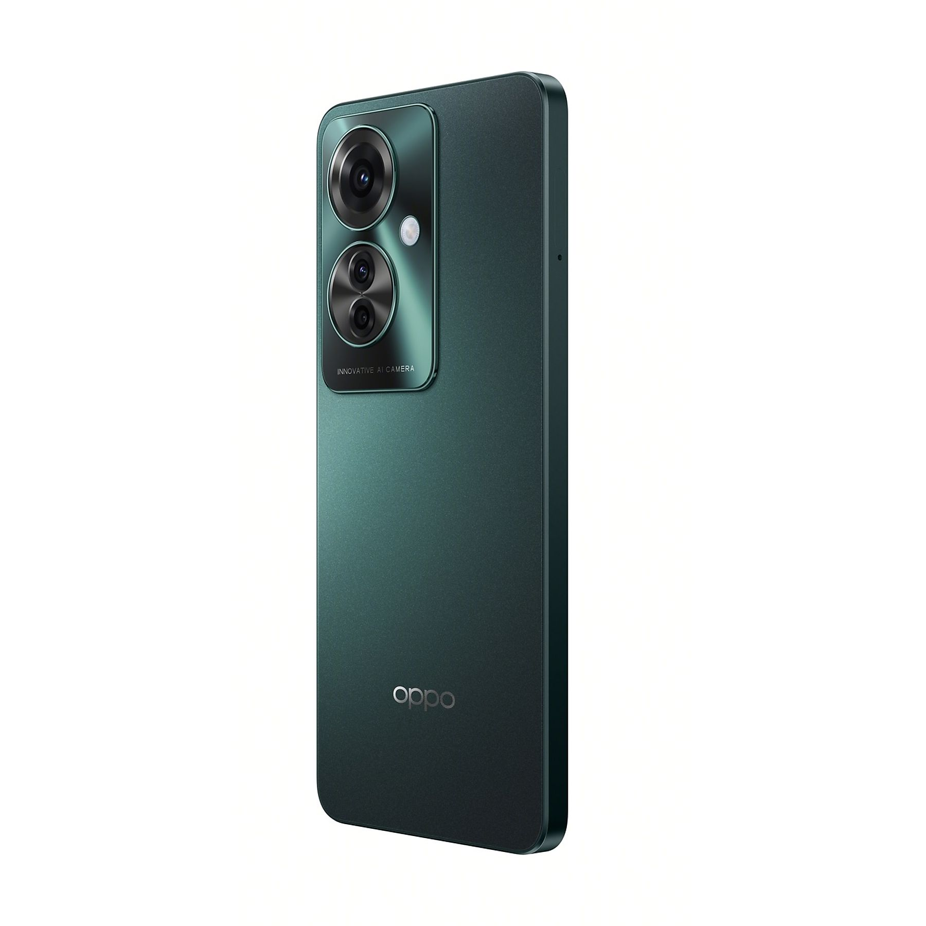 Yeşil Oppo telefon, kamera ve logosunu gösteriyor. Arka plan beyaz.