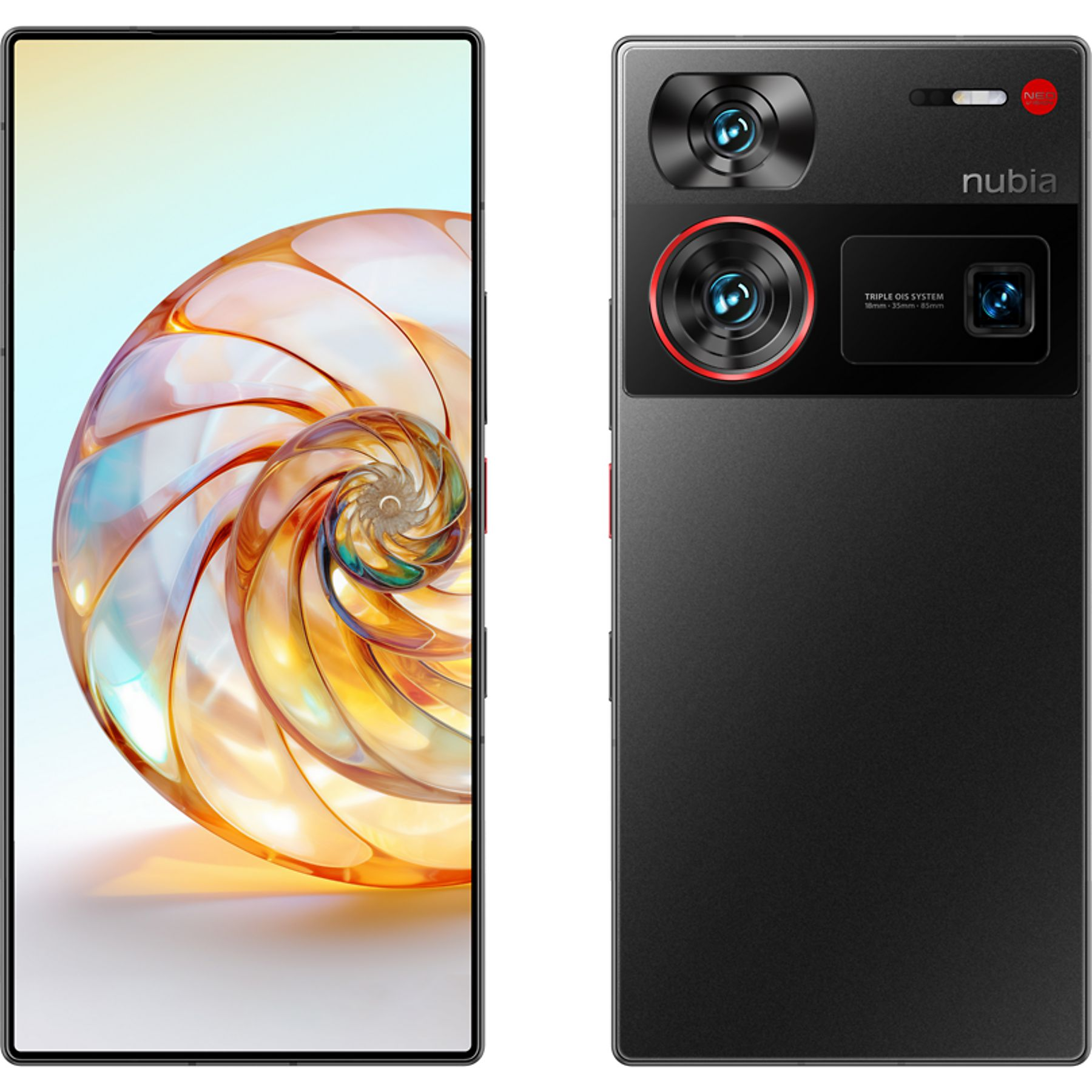 Ein Smartphone mit Vorder- und Rückseite. Die Vorderseite zeigt ein Wirbeldesign, die Rückseite Kameras und das Nubia-Logo.