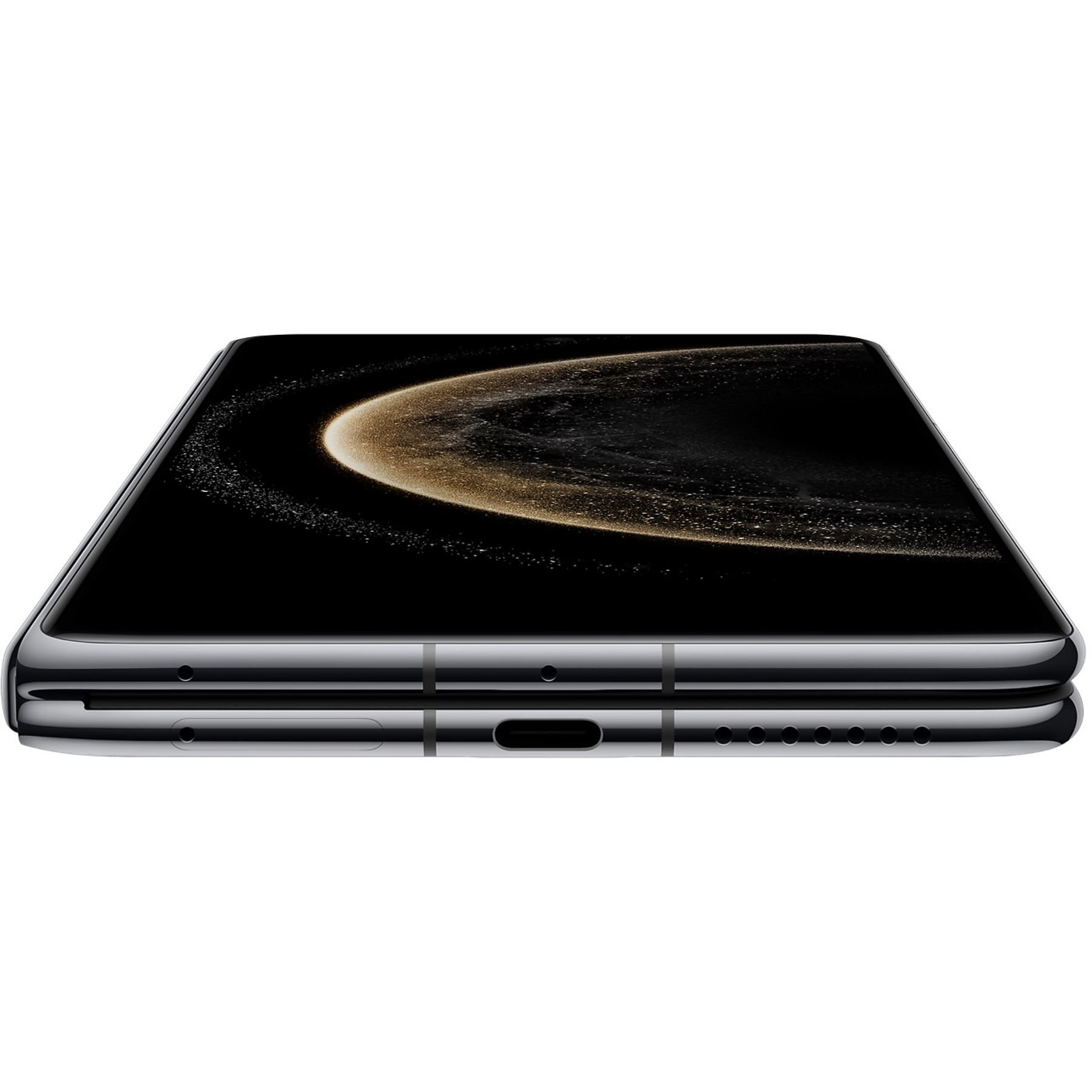 Zbliżenie czarnego smartfona, pokazujące dolną krawędź z portami i głośnikami.