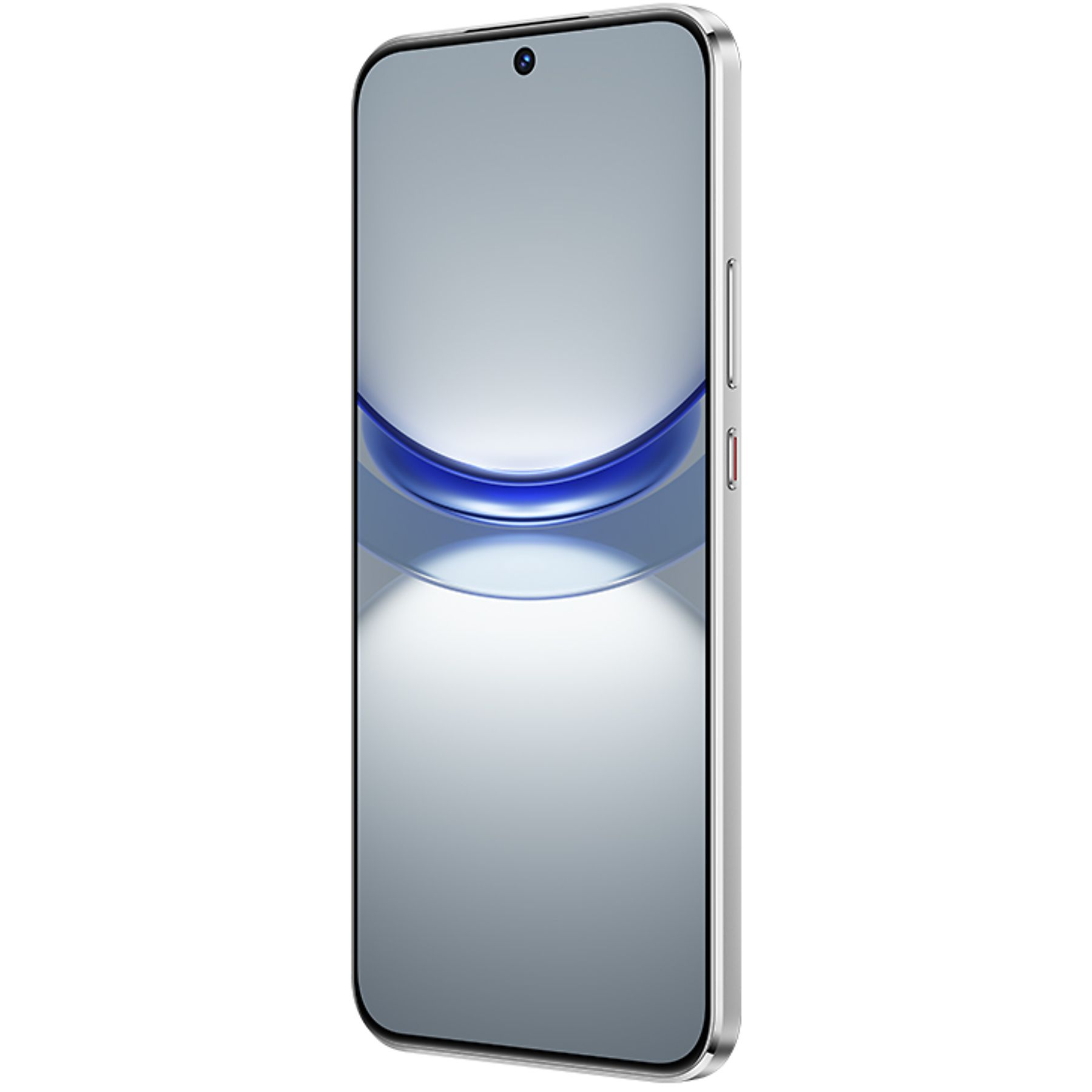 Ein silbernes Smartphone mit gebogenem Bildschirm. Es hat einen blau-weißen Hintergrund und eine Kamera oben.