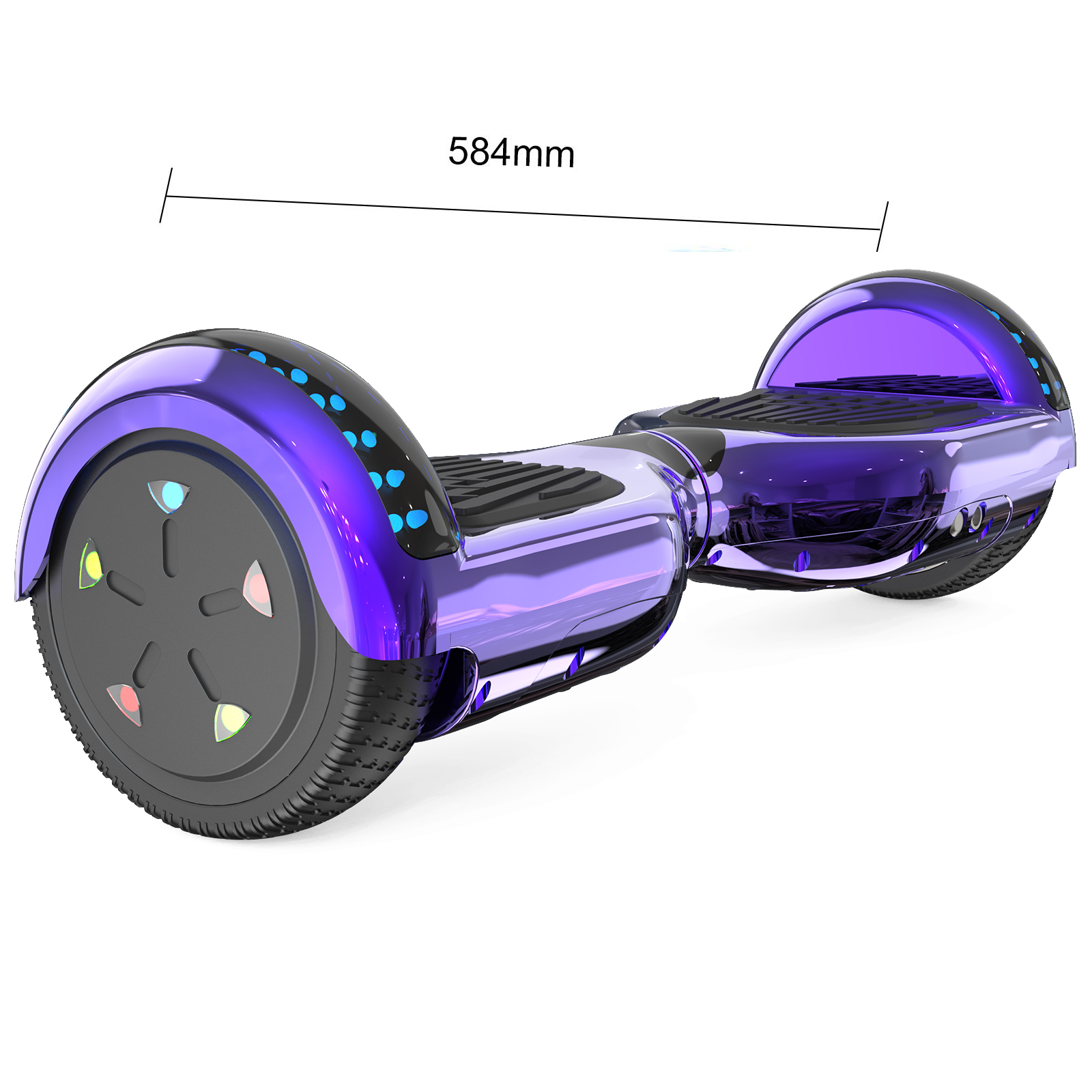 Un hoverboard morado con ruedas negras, luces y una medida de 584 mm por encima.