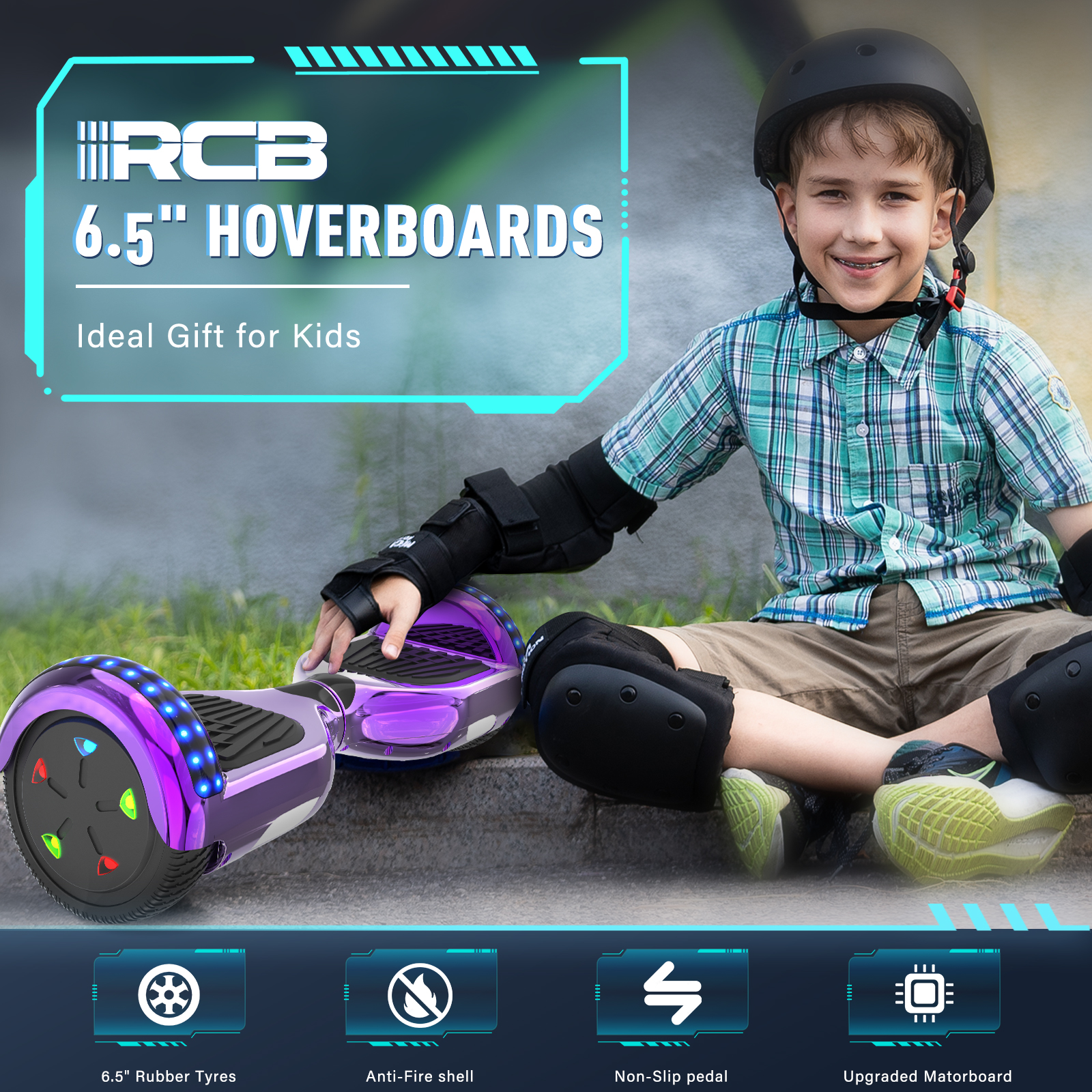 Ein Junge mit Helm sitzt neben einem lila Hoverboard. Text: '6,5" Hoverboards, ideales Geschenk für Kinder'.
