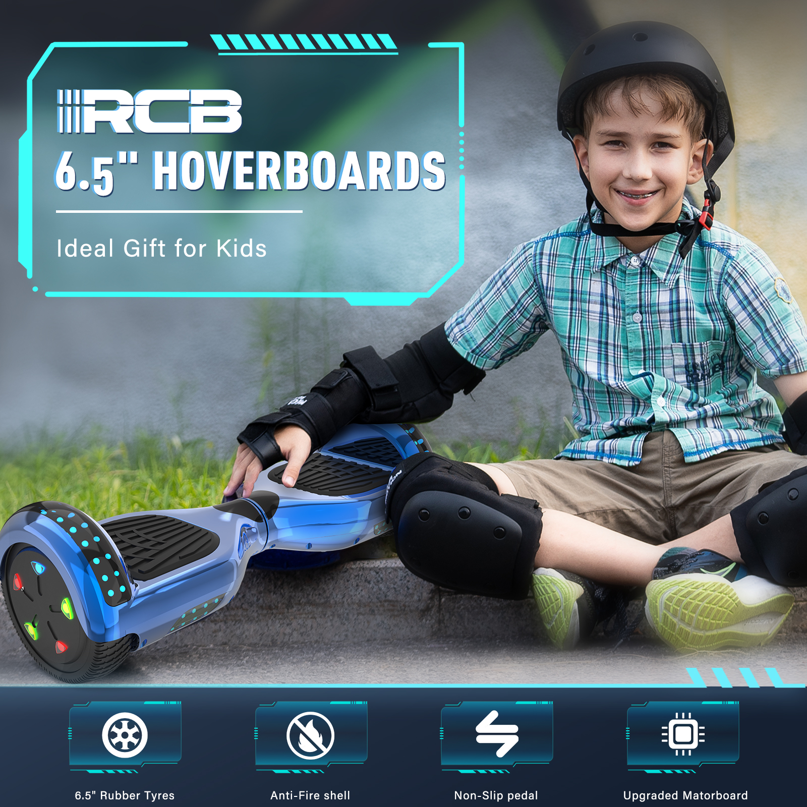 Un niño con casco y coderas se sienta cerca de un hoverboard azul. Texto dice "6.5" HOVERBOARDS".