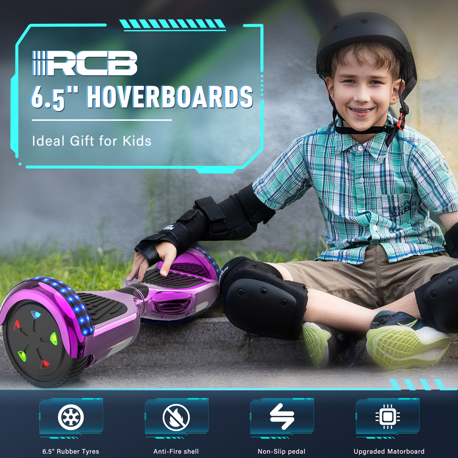 Un niño con casco y protecciones está sentado cerca de un hoverboard morado. Texto: 'Hoverboards de 6,5": Regalo ideal para niños'.