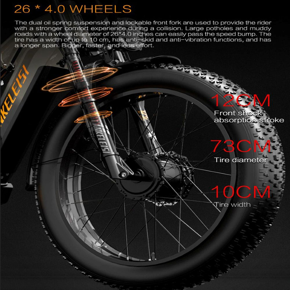 Primer plano de una rueda de bicicleta negra, etiquetada con medidas: carrera de 12 CM, diámetro de 73 CM y ancho de 10 CM.