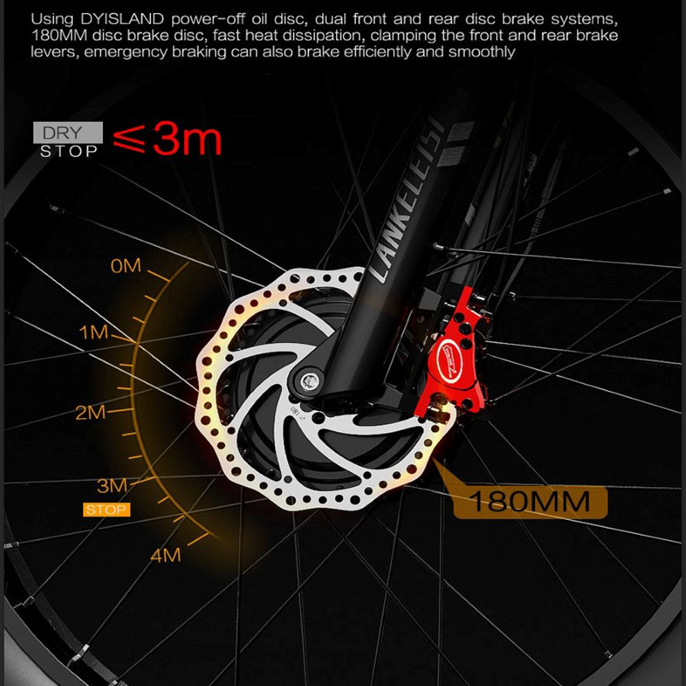 La rueda delantera de una bicicleta muestra un disco de freno y pinza. El texto indica la distancia de frenado y el tamaño del disco, con la marca 'LANKELEISI'.
