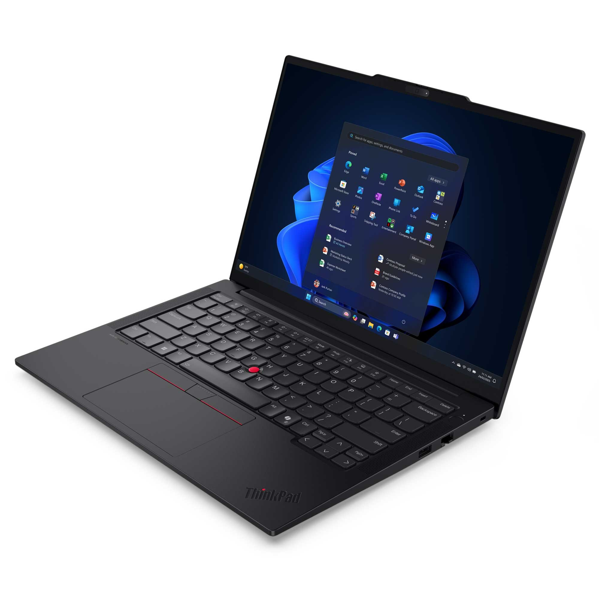 Siyah bir ThinkPad dizüstü bilgisayar açık, Windows 11 arayüzünü gösteriyor. Klavye ve ekran görünür durumda.