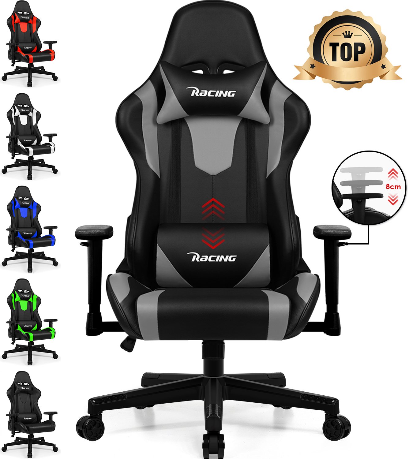Ein Renn-Gaming-Stuhl in verschiedenen Farben. Er hat eine Kopfstütze, Lendenwirbelstütze und Armlehnen. Der Stuhl steht auf einem schwarzen Sockel.