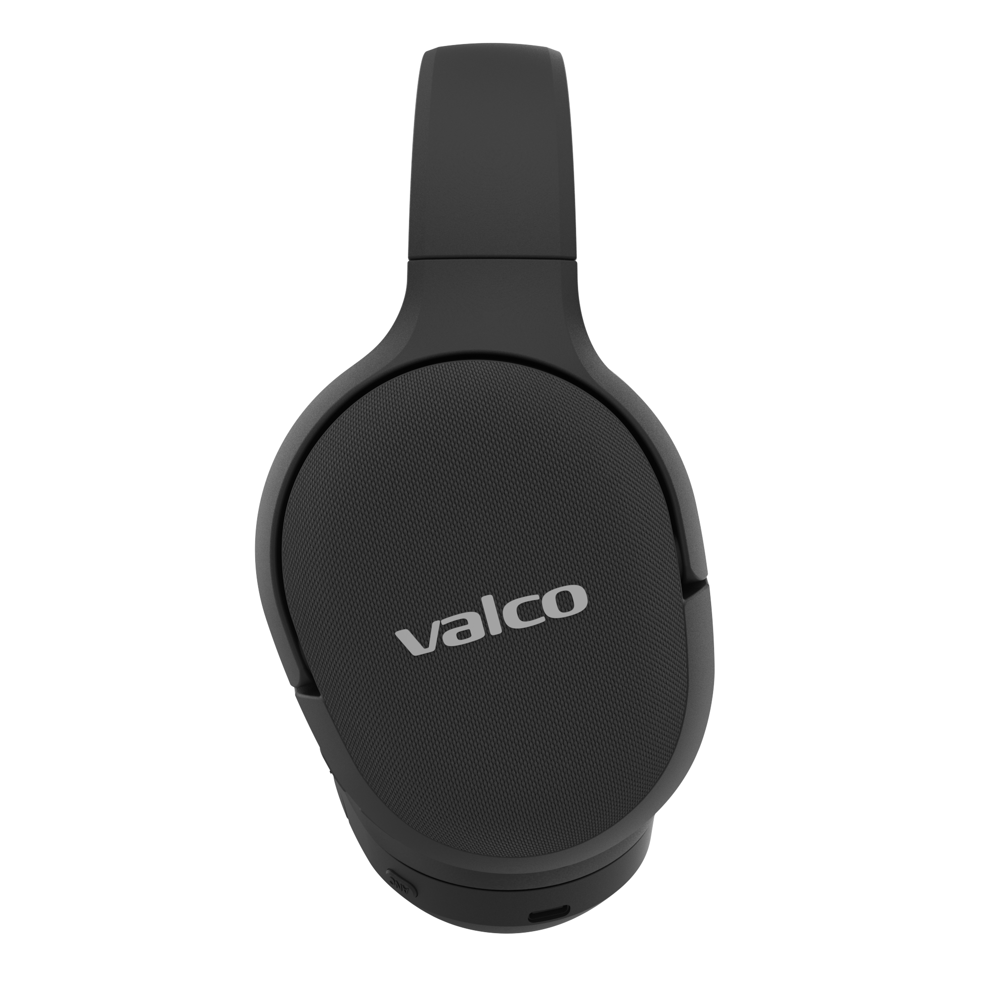 Schwarze Valco-Over-Ear-Kopfhörer mit Valco-Logo auf dem Ohrmuschel auf weißem Hintergrund.
