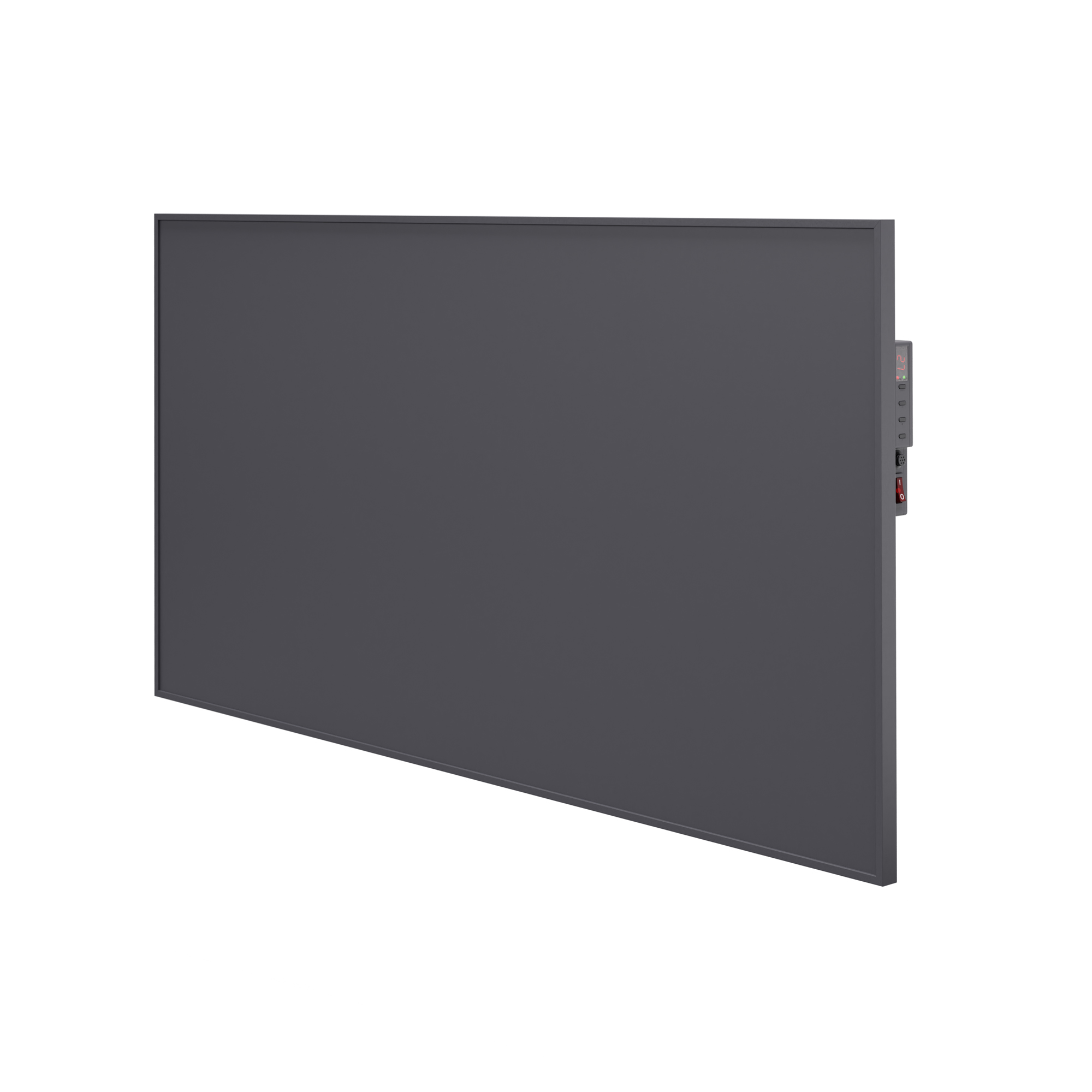 Un panel rectangular gris oscuro, posiblemente un calentador, con un panel de control en el lado derecho. El fondo es blanco.