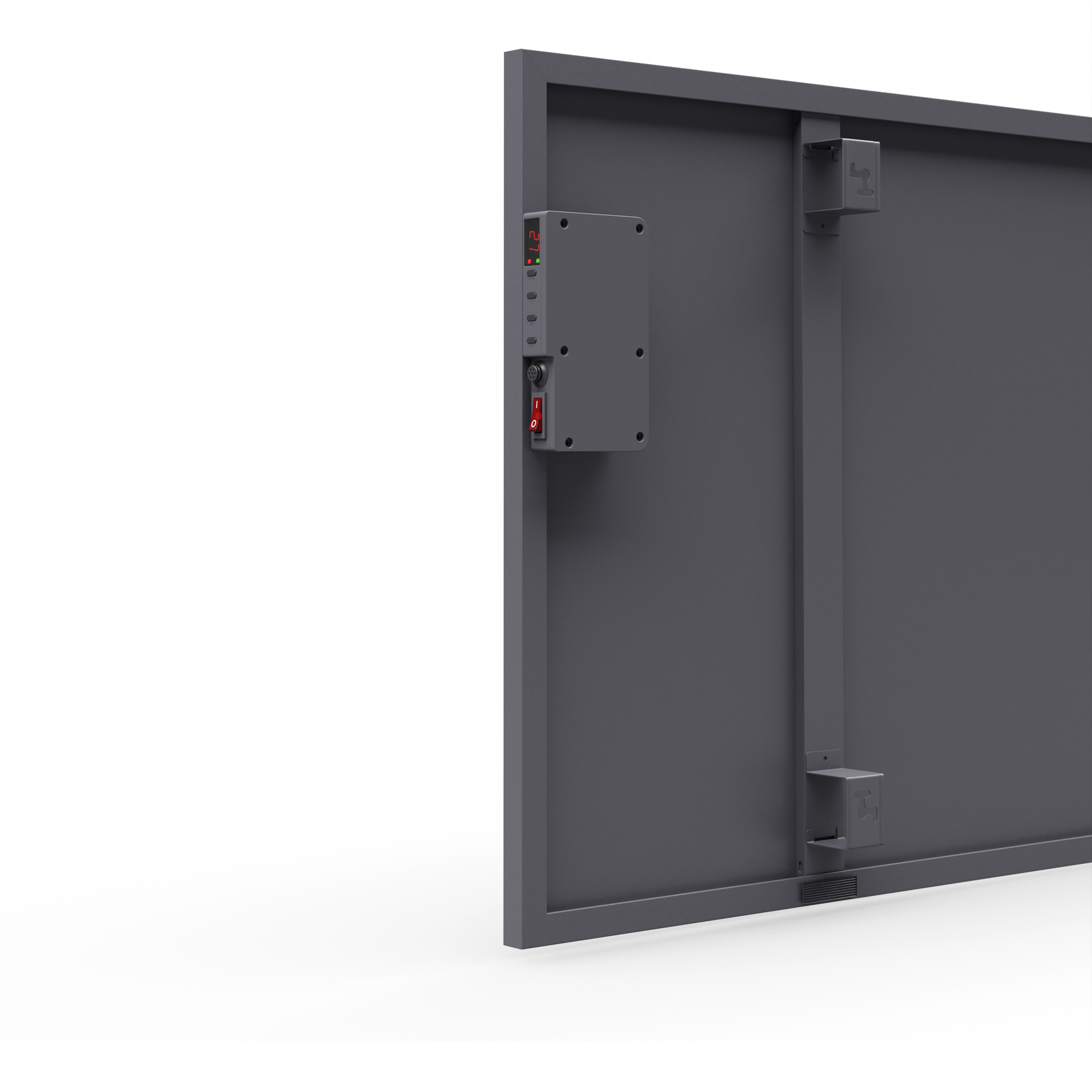 Panel metálico gris con caja de control y soportes adjuntos. El panel tiene un interruptor rojo.