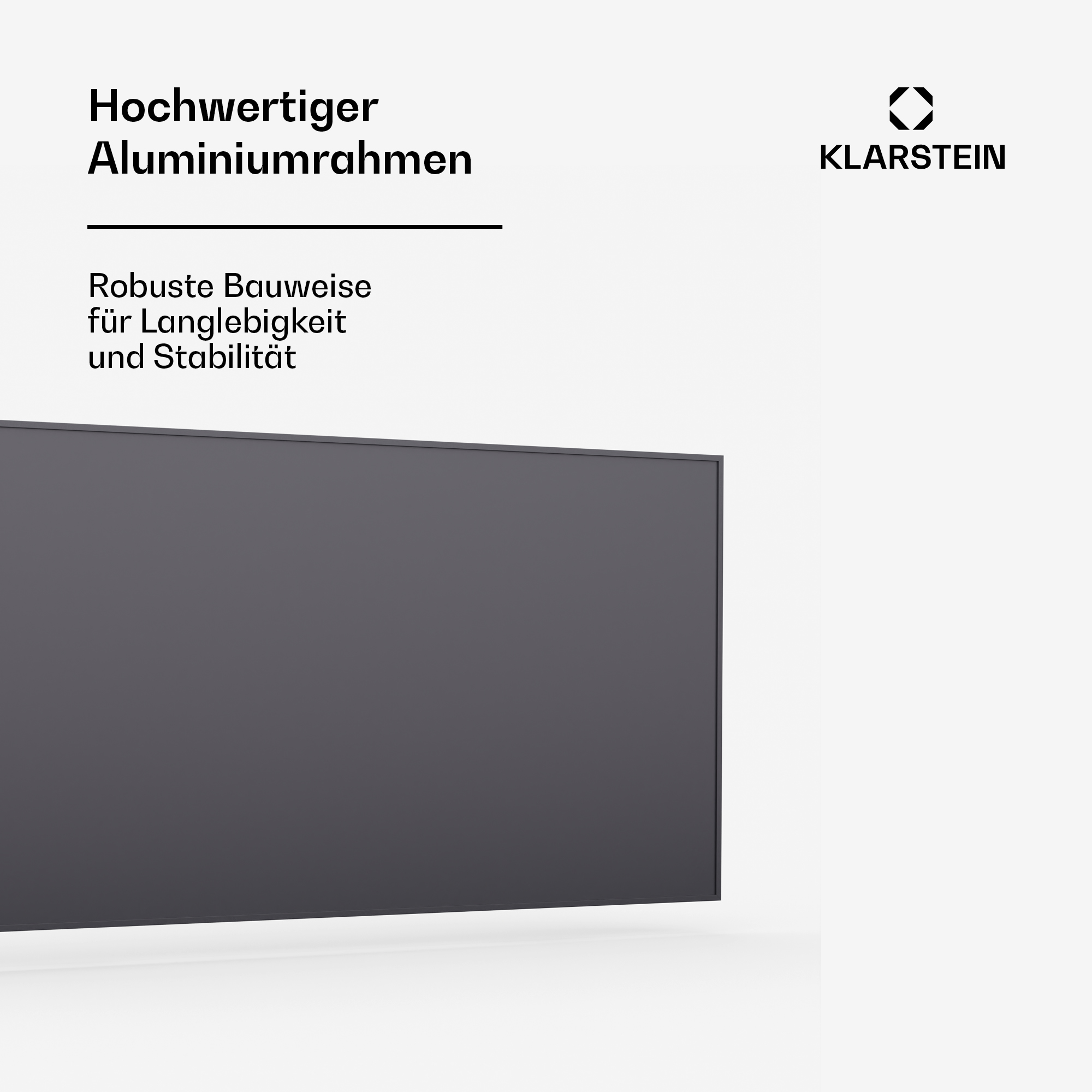 Imagen muestra un marco rectangular gris oscuro. El texto dice 'Marco de aluminio de alta calidad' y 'Construcción robusta'.