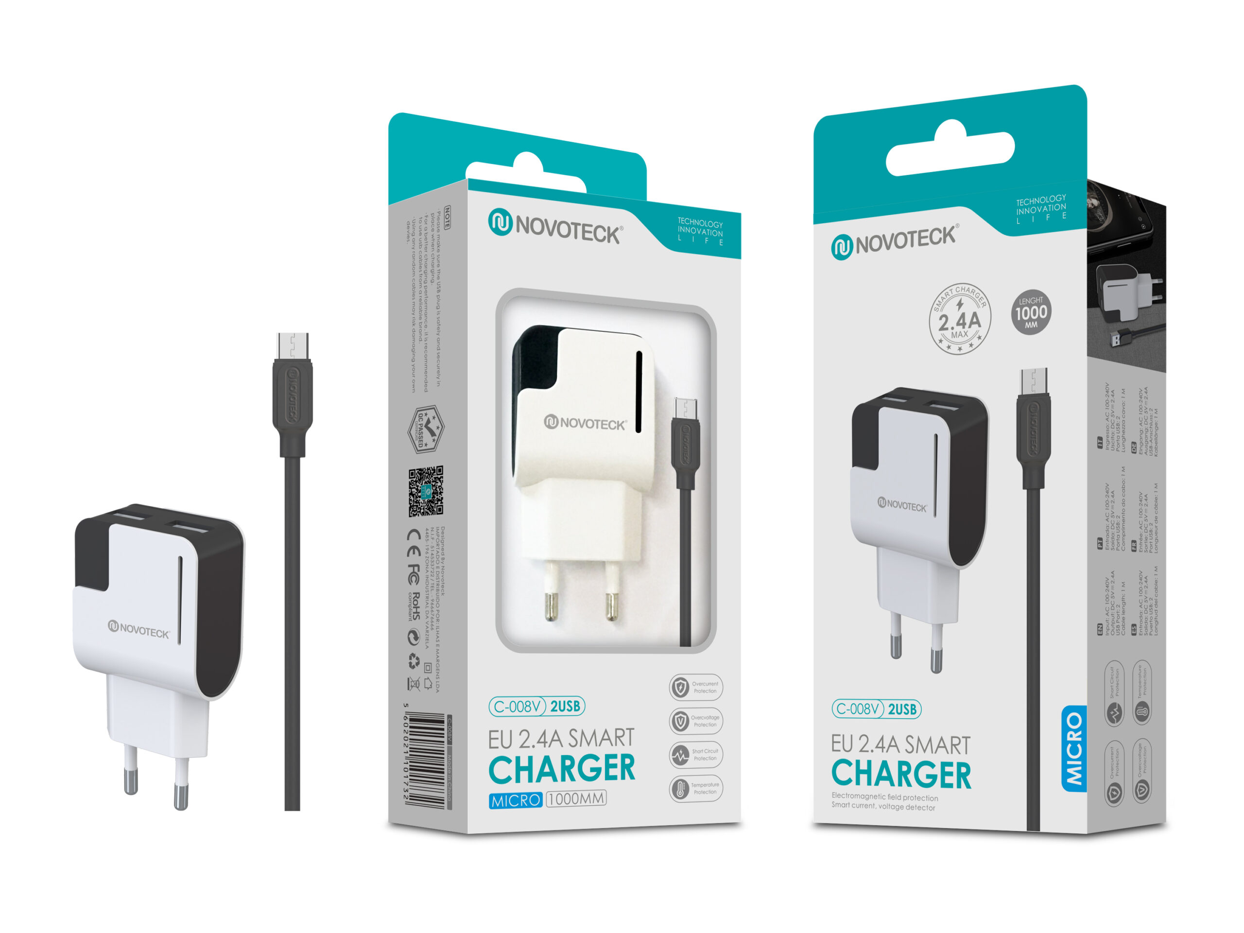Se muestra un cargador Novoteck blanco y negro. También son visibles un cable y el embalaje.