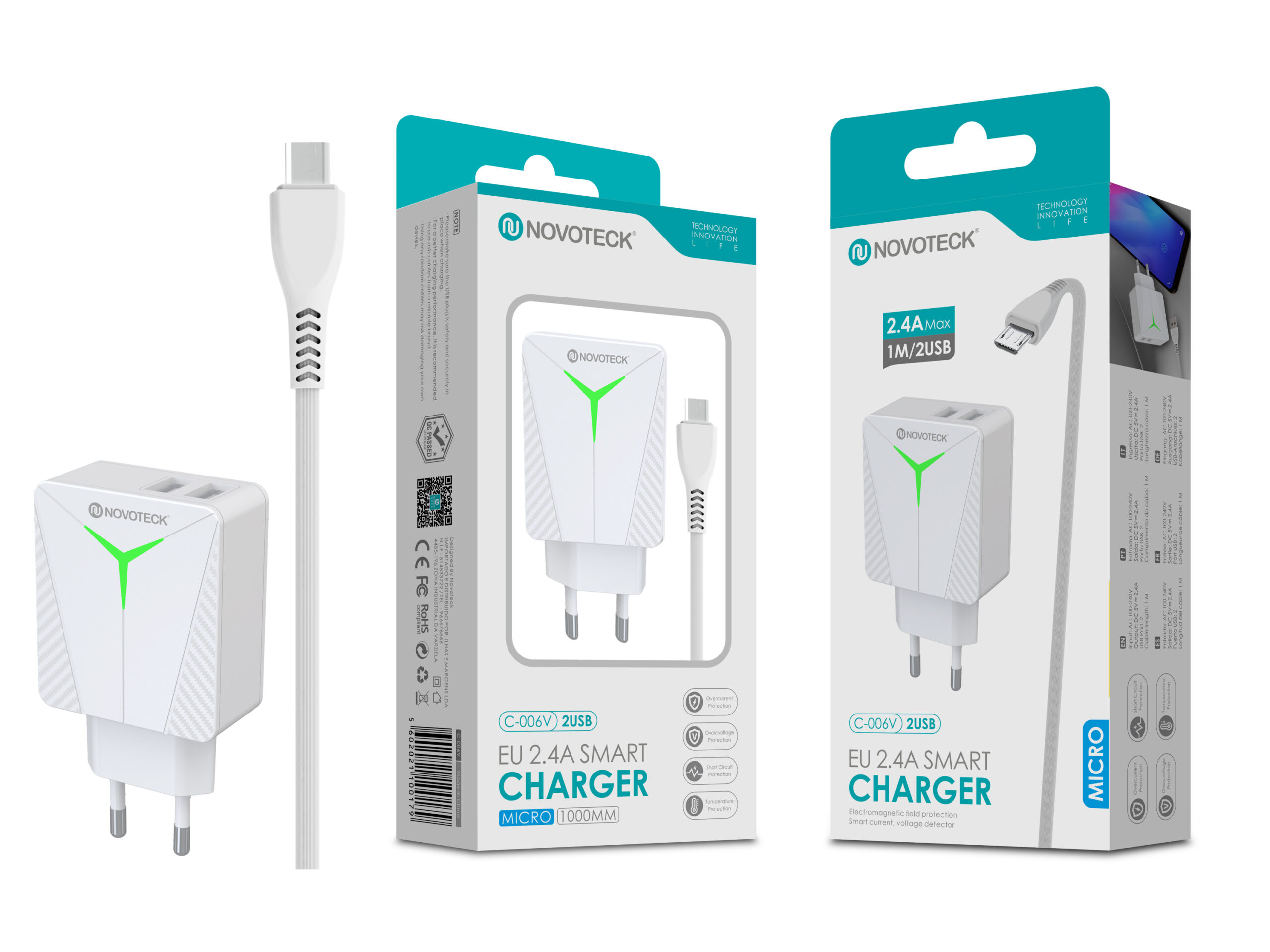 Tres cargadores blancos Novoteck frente a sus cajas. Cada cargador tiene un puerto USB y un logotipo verde.