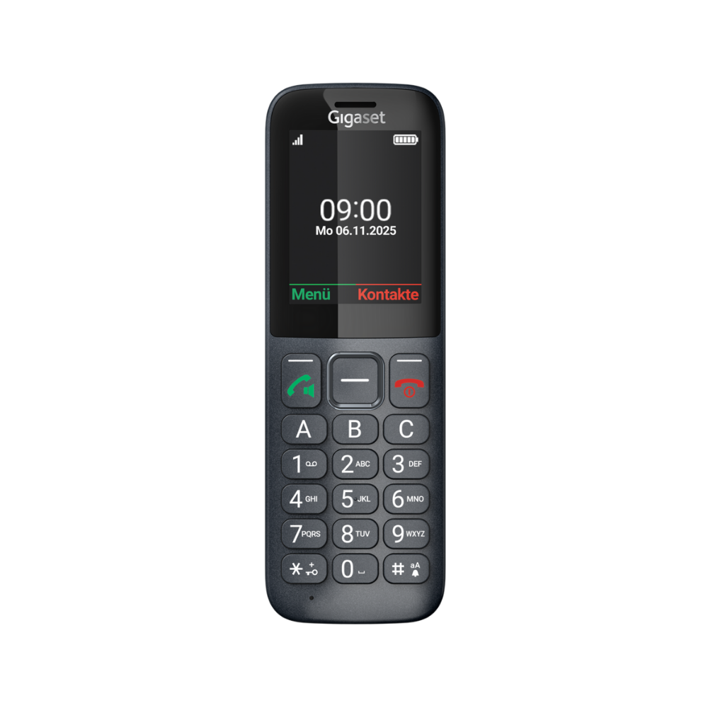 Ein dunkelgraues Gigaset-Telefon zeigt 09:00 Uhr und Datum an. Es hat nummerierte Tasten und Menü/Kontakte-Tasten. Schwarzer Hintergrund.