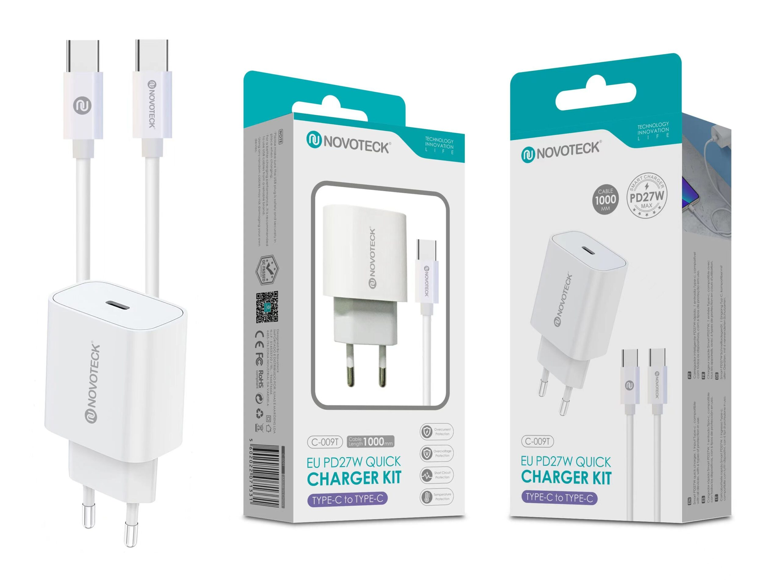 Tres cajas de cargador blancas y dos cables. Las cajas tienen la marca NOVOTECK. Las cajas tienen Type-C a Type-C escrito en ellas.