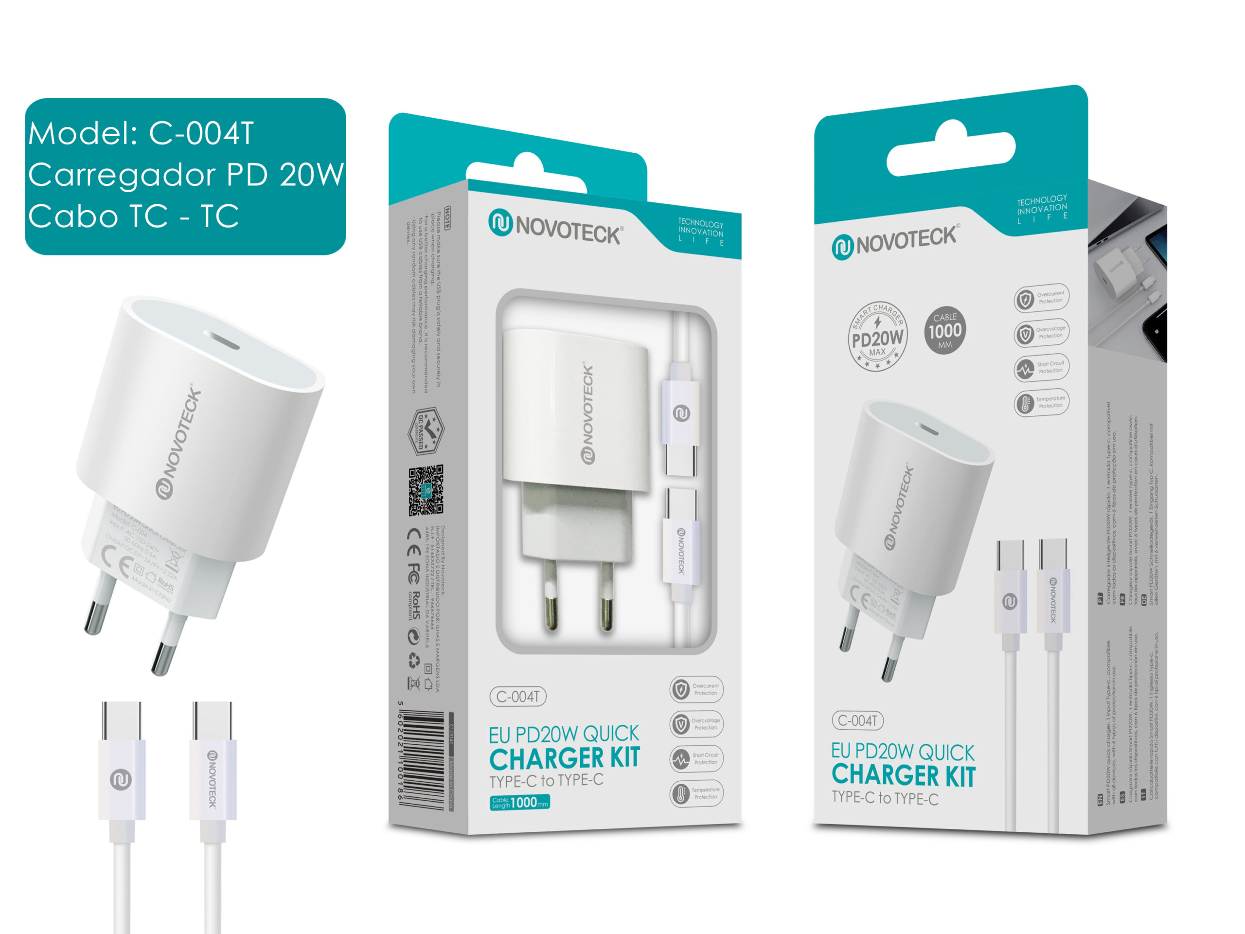 La imagen muestra un kit de cargador blanco con un cable de carga y un cargador, la caja es blanca y azul.
