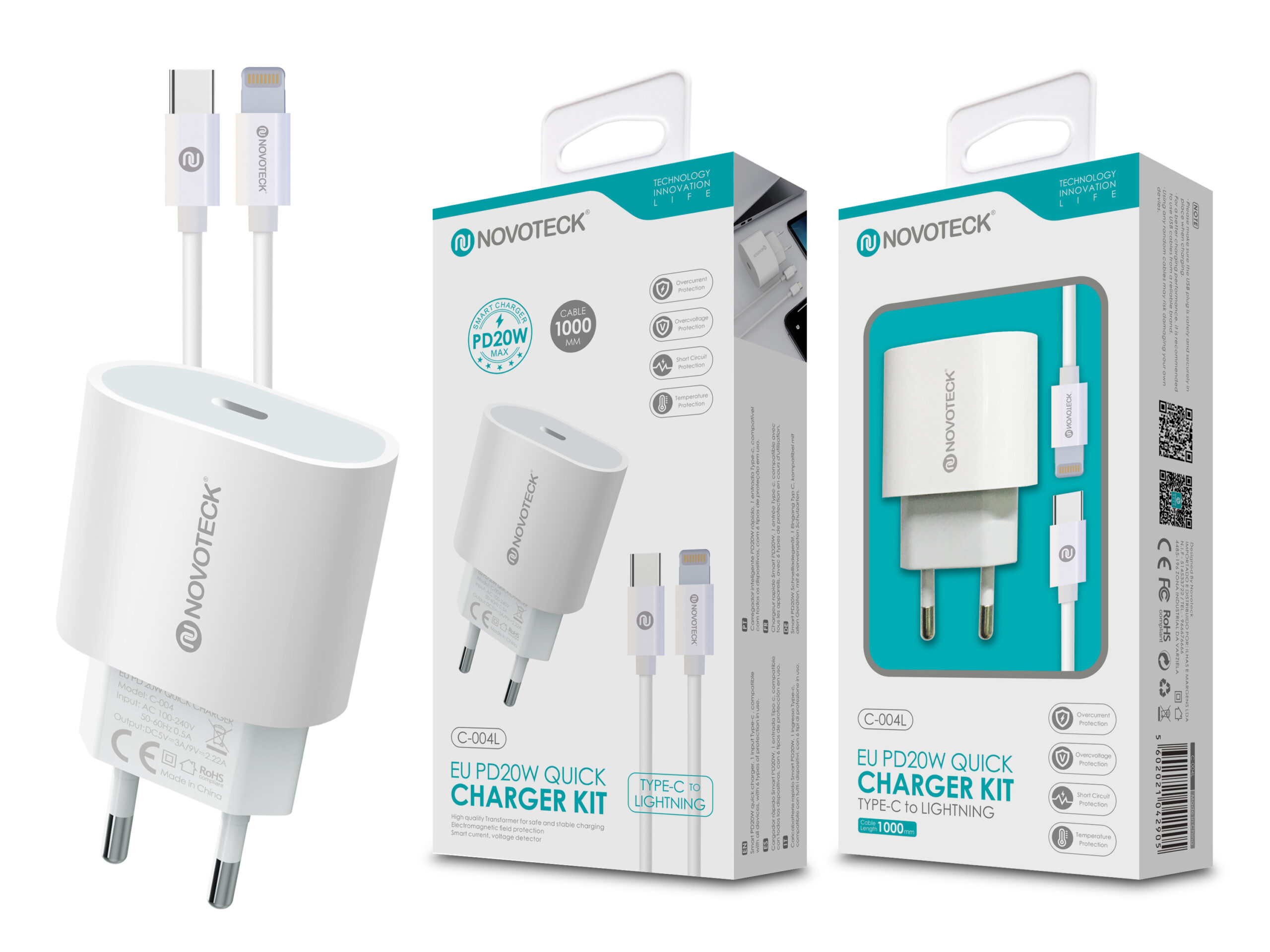 Kit cargador blanco con cable blanco, extremo Lightning y extremo tipo C, en cajas.