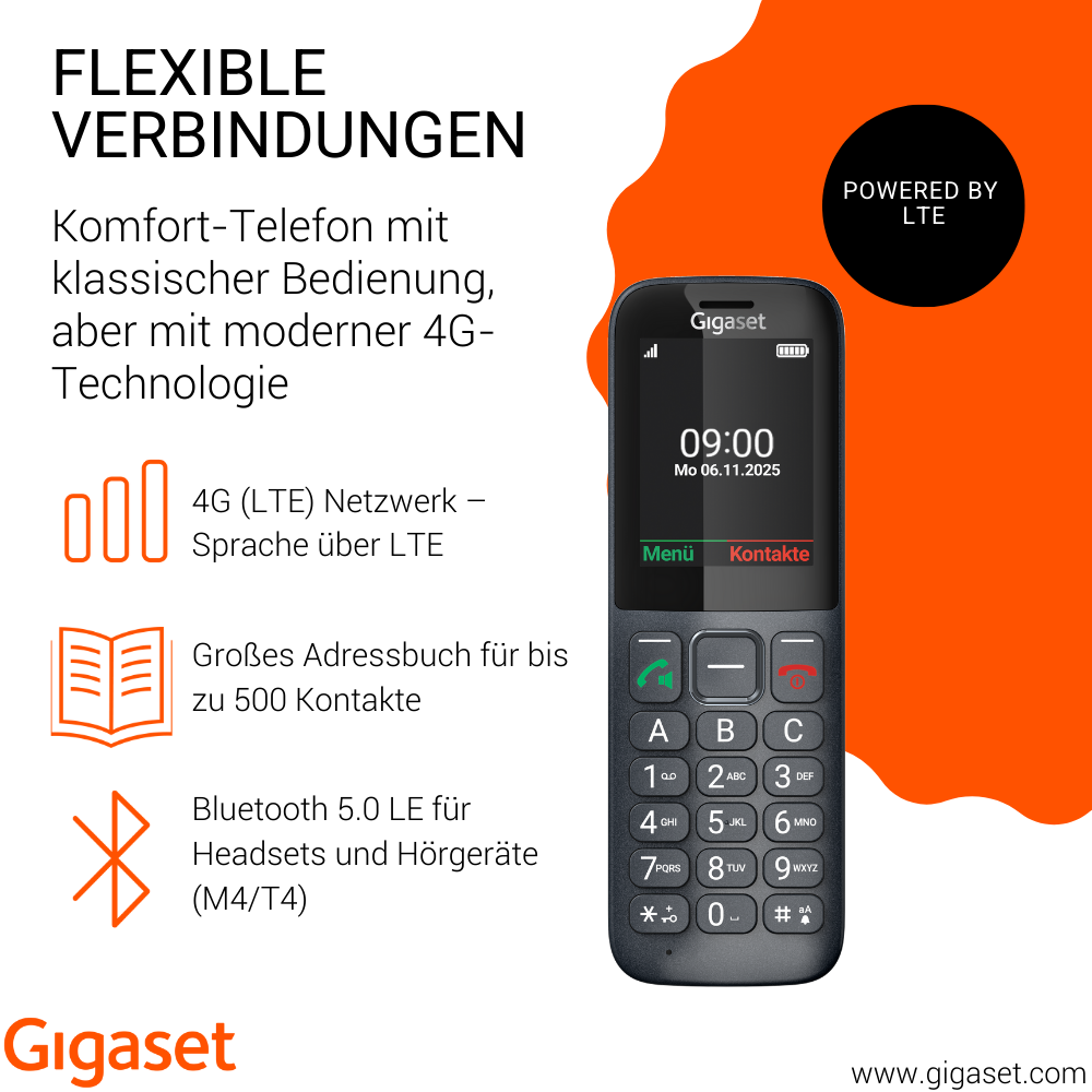 Ein Gigaset-Mobiltelefon mit Tastatur, das die Uhrzeit anzeigt. Es hat einen orangefarbenen und schwarzen Hintergrund mit Symbolen.