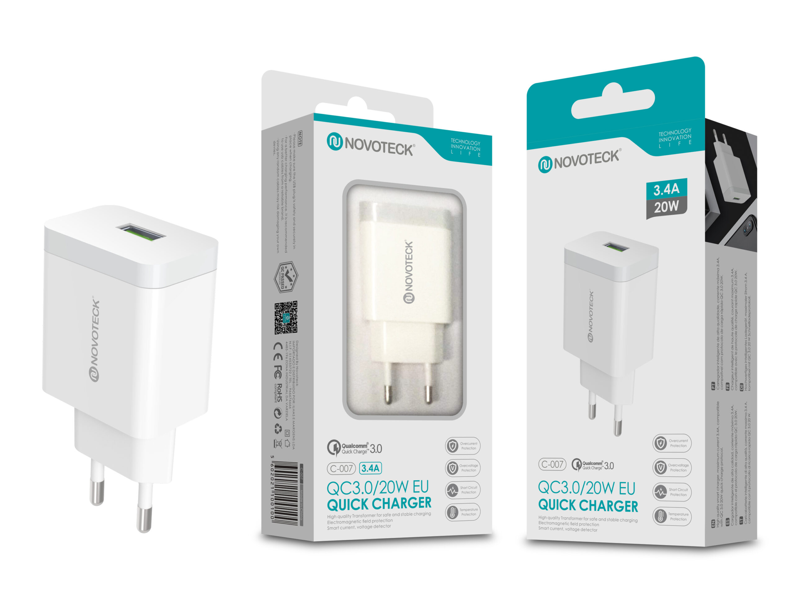 Un cargador blanco Novoteck se muestra sobre una superficie blanca con dos cajas. Texto: Quick Charger QC3.0/20W.